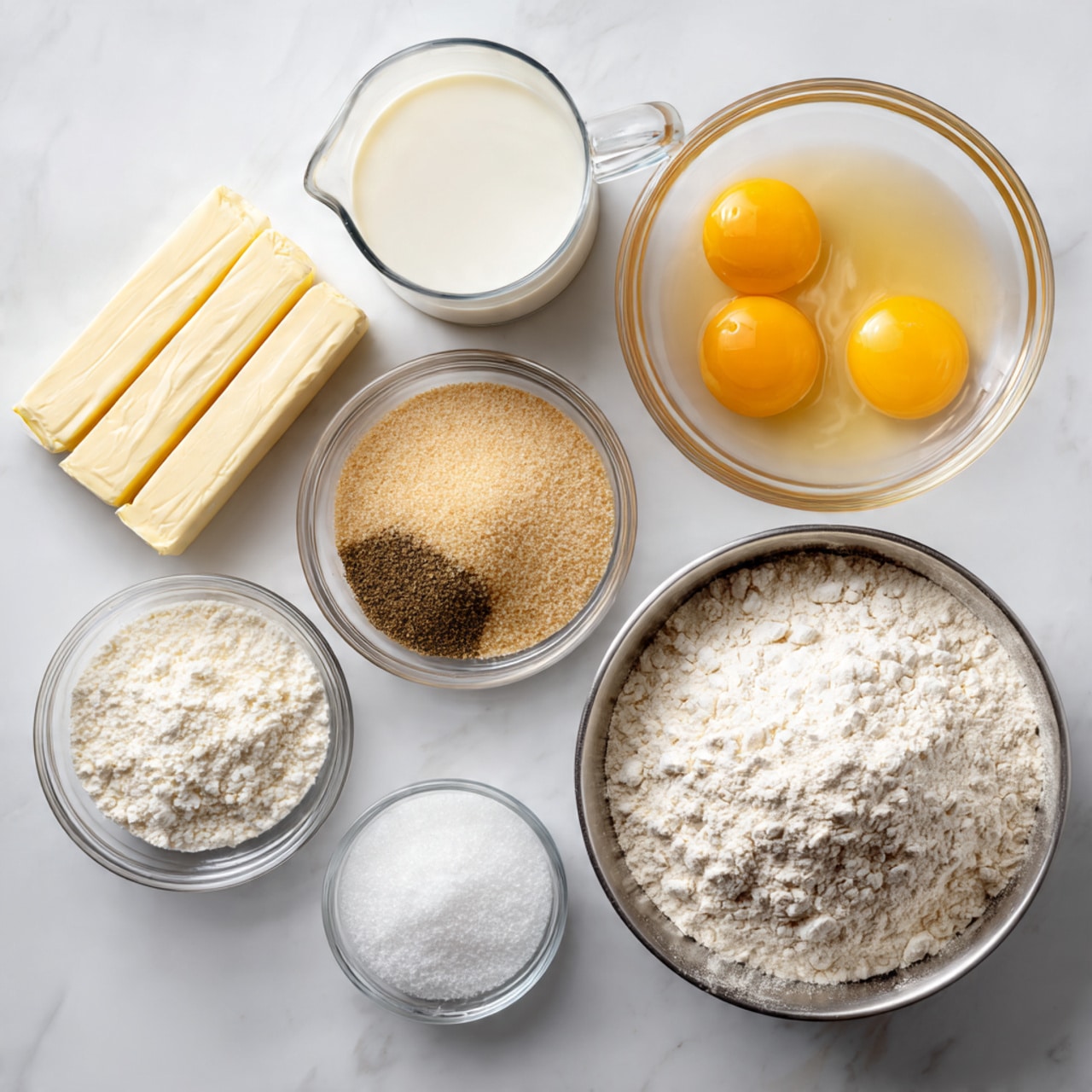 The image shows a top view of various baking ingredients arranged neatly on a white marbled surface. In the bottom right, there is a large metal bowl filled with white bread flour, with a textured, powdery surface. To the left of the bowl, two sticks of unsalted butter wrapped in light yellow paper are placed side by side. Above the butter, a clear glass measuring cup holds whole milk, which is smooth and creamy white. Above the milk, a clear small bowl contains three cracked eggs with vibrant yellow yolks floating in the liquid egg whites. To the right of the eggs, a small metal bowl with active dry yeast shows a fine, beige granular texture. Next to it, a clear glass bowl contains kosher salt mixed with ground cardamom, showing a two-tone contrast of white salt and brown spice. To the right of this bowl, another clear glass bowl is filled with white sugar, appearing fine and crystalline. The ingredients are all clearly labeled with black text above or beside each container. Photo taken with an iphone --ar 4:5 --v 7