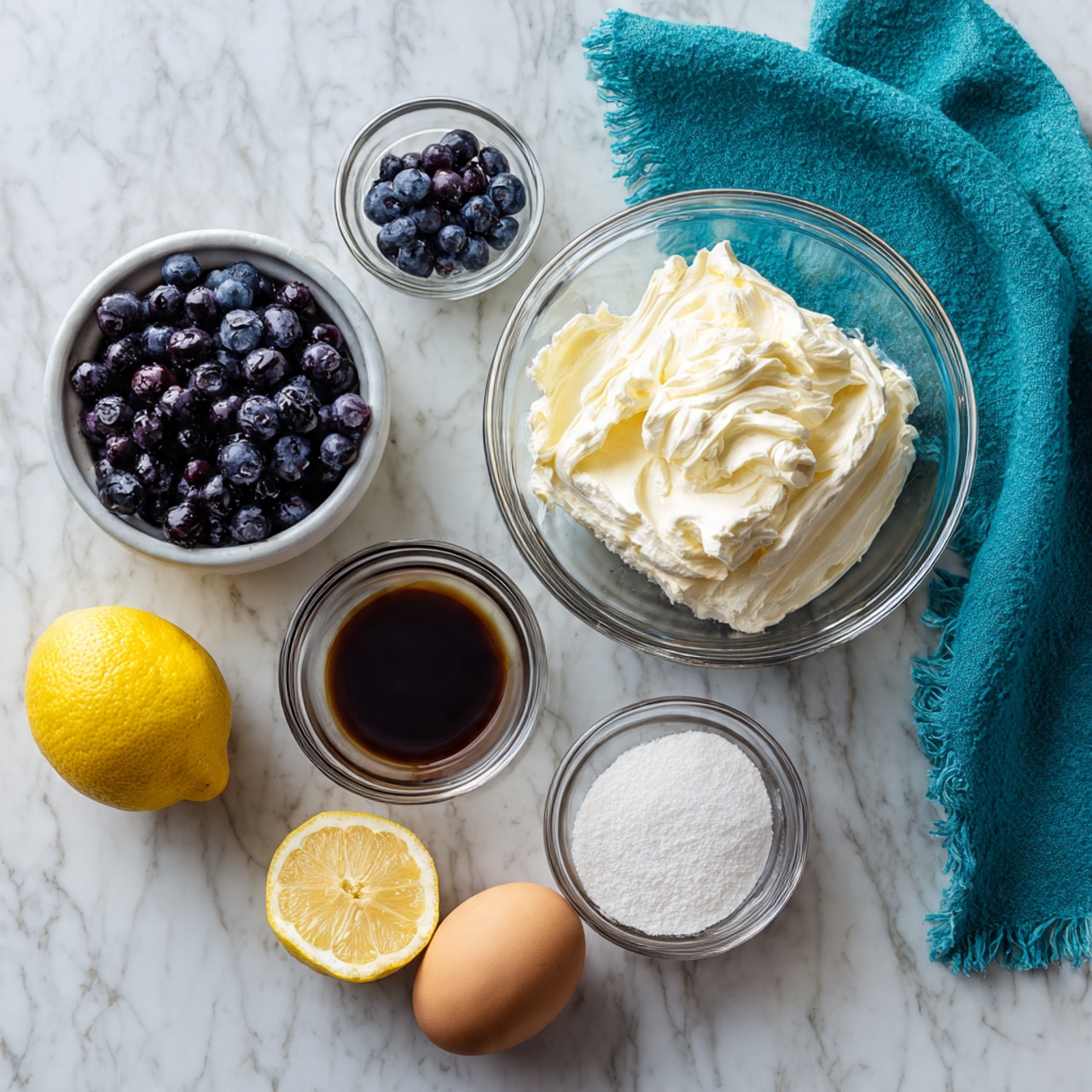 The image shows ingredients for a recipe on a white marbled surface. In the center, there is a clear glass bowl with a large block of white cream cheese. Above it to the right, a small clear bowl contains a dark brown vanilla liquid. To the left of the cream cheese bowl, a white bowl is filled with dark blue blueberries. Below the cream cheese bowl, there is a small clear bowl filled with white sugar. To the right of the sugar bowl lies a brown egg. On the left side near the bottom, there are two lemons, one whole and one cut in half, showing its yellow inside. A teal cloth with rough edges is folded on the top right. photo taken with an iphone --ar 4:5 --v 7