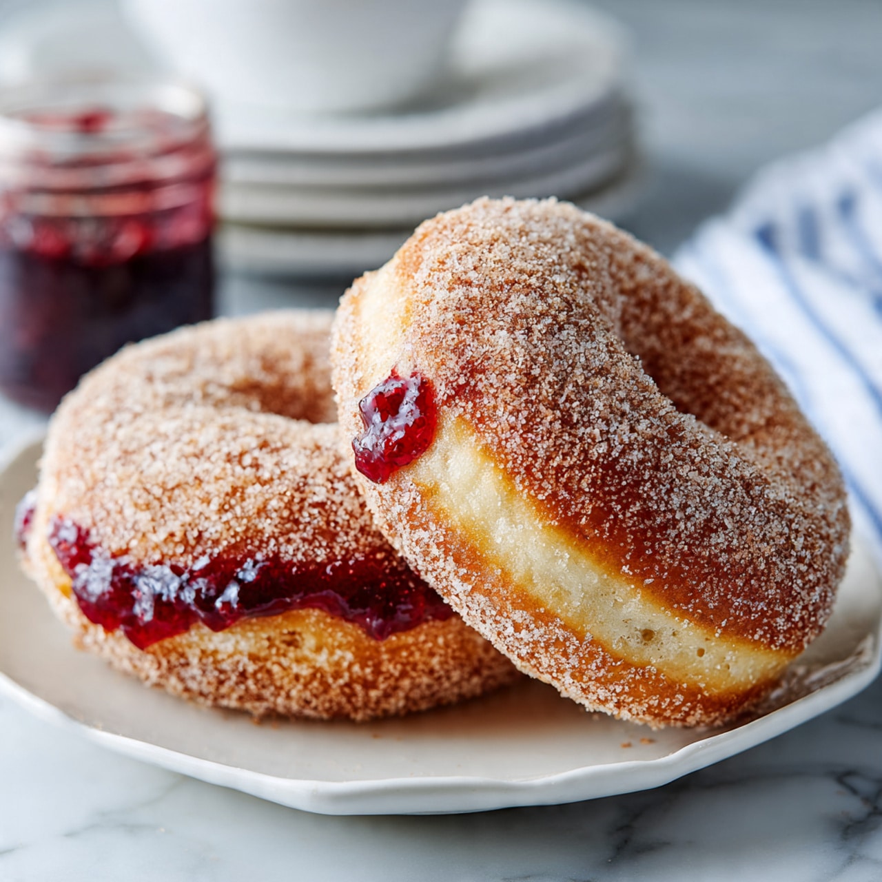 Two round doughnuts with a rough sugar coating sit on a white plate with curved edges on a white marbled surface. One doughnut is placed flat while the other leans against it and shows a thick, red jam coming out from the top center. A white cloth with thin blue stripes lies in the background along with a jar of jam and stacked white plates. The doughnuts have a golden brown color with a slightly uneven texture. Photo taken with an iphone --ar 4:5 --v 7