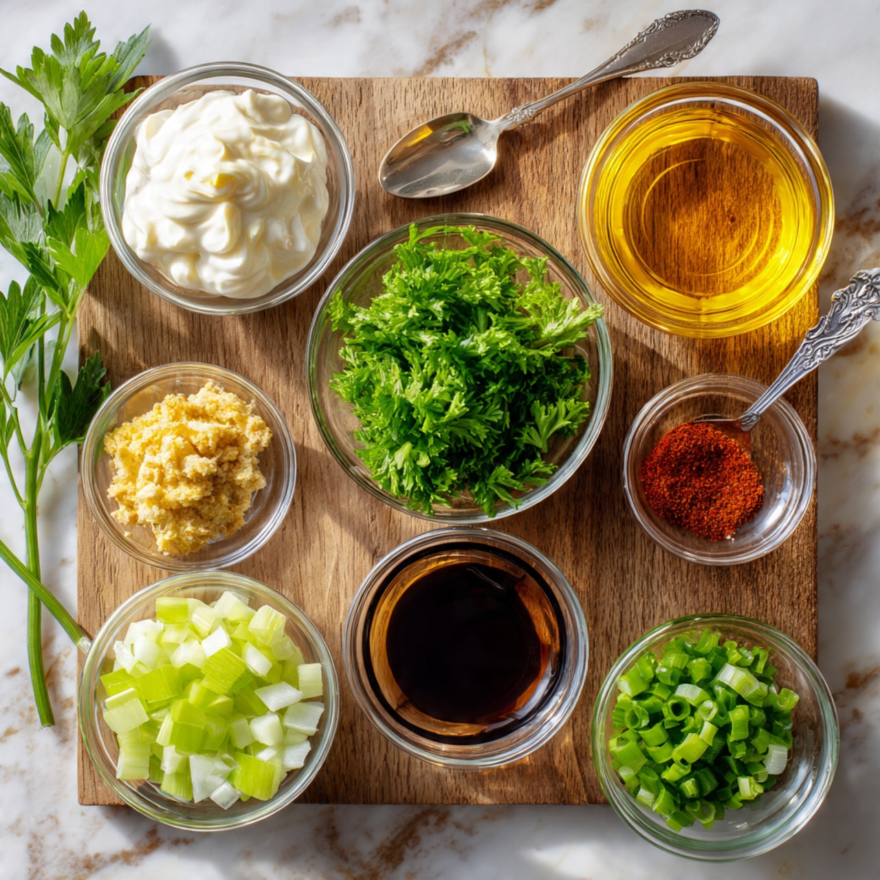 The image shows seven small clear glass bowls arranged on a wooden surface. Each bowl contains a different ingredient: the top left bowl is filled with white creamy mayonnaise, next to it on the right is a golden yellow clear olive oil. Beside that is a bowl filled with fresh green leafy parsley. On the bottom row from left to right, there is a bowl with diced pale green celery, then a bowl with a dark brown liquid, followed by a bowl containing grainy brown mustard, and lastly a bowl of chopped bright green spring onions. To the far right side of the wooden surface, there is a sprig of fresh green herbs and a small silver spoon holding red paprika powder. The background is a white marbled texture. Photo taken with an iphone --ar 4:5 --v 7