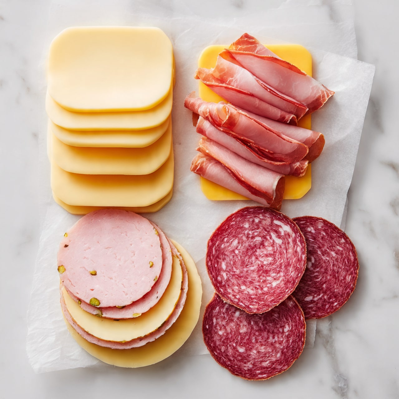 This image shows five different stacks of deli meats and cheeses arranged on white parchment paper over a white marbled surface. Starting from the top left, there is a stack of five smooth, pale yellow slices of cheese, each slice slightly overlapping the one below. To the right of that, there is a stack of five thin, slightly curled slices of pink ham with reddish edges peeking out, arranged in a neat vertical line. Below the cheese on the left is a stack of four round, light pink slices of mortadella with small green pistachio pieces visible. In the middle bottom, to the right of the mortadella, there are six round slices of pale yellow cheese with smooth edges stacked closely. On the bottom right, there is a pile of six reddish-pink slices of salami with visible specks of pepper and fat. photo taken with an iphone --ar 4:5 --v 7