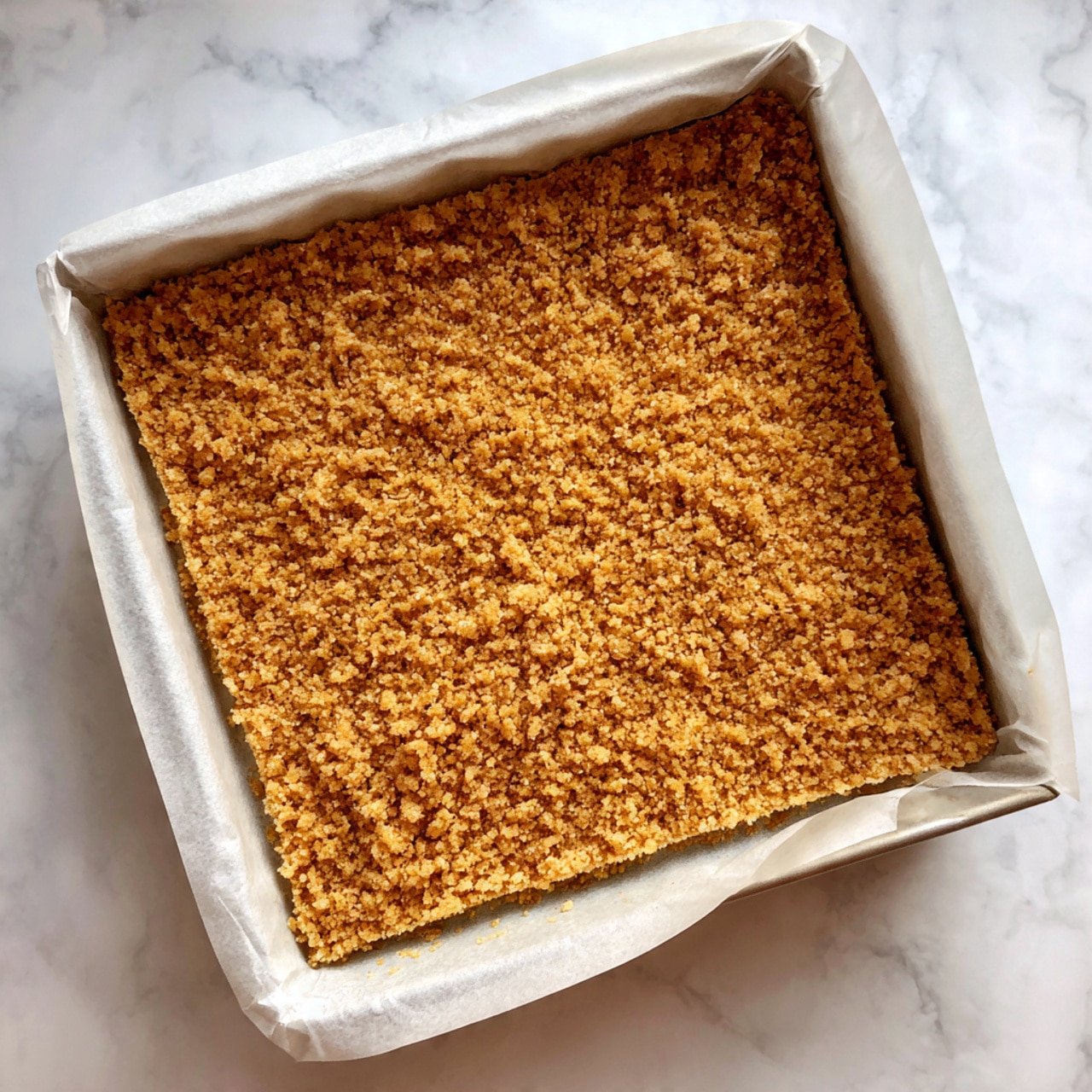 A square baking pan lined with white parchment paper holds a single thick layer of golden brown, crumbly crust that fills the pan evenly. The crust has a coarse, grainy texture and appears pressed down flat with slightly uneven edges resting against the pan's sides. The pan sits on a white marbled surface. photo taken with an iphone --ar 4:5 --v 7