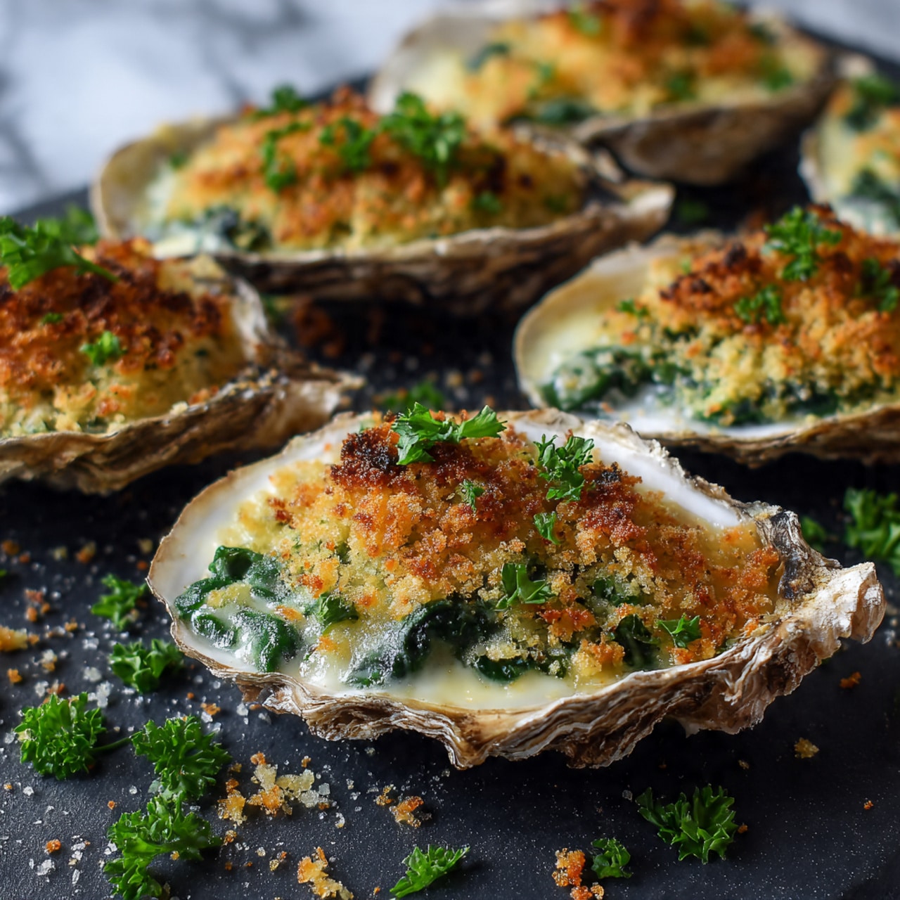The image shows several oyster shells filled with a layered dish on a dark surface. Each shell has a bottom layer of creamy melted cheese, topped with a layer of cooked green spinach leaves. Above the spinach, there is a crispy golden breadcrumb topping, sprinkled with fresh green parsley leaves. The oyster shells have a rough, natural texture and are arranged closely together. Small pieces of parsley are scattered around on the surface. The background is a white marbled texture. photo taken with an iphone --ar 4:5 --v 7