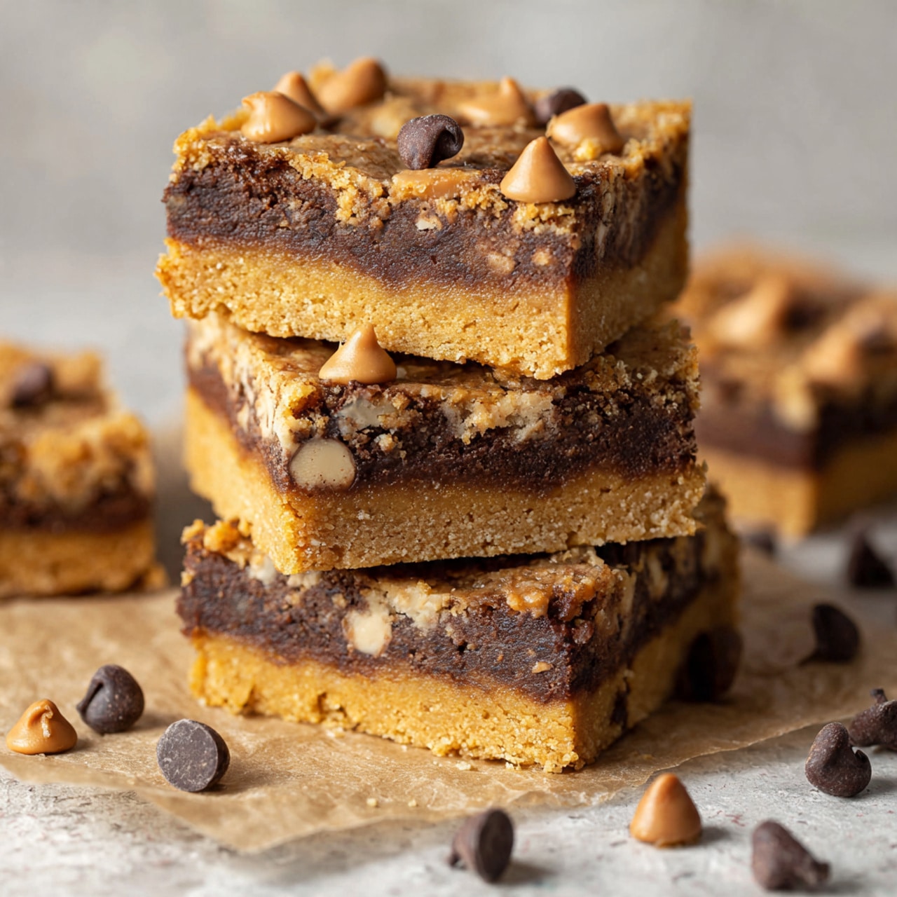 The image shows a close-up of a square bar with three visible layers. The bottom layer is a firm, golden-brown crumbly crust. The middle layer is dark brown with visible pieces of chocolate chips embedded in it. The top layer is light golden with a slightly textured, crunchy surface sprinkled with small bits of nuts. Several similar bars are stacked in the background on a white marbled surface, with some crumbs and chocolate chips scattered around. One bar in the front has a small bite taken out of it. The photo is bright and clear, taken with an iphone --ar 4:5 --v 7