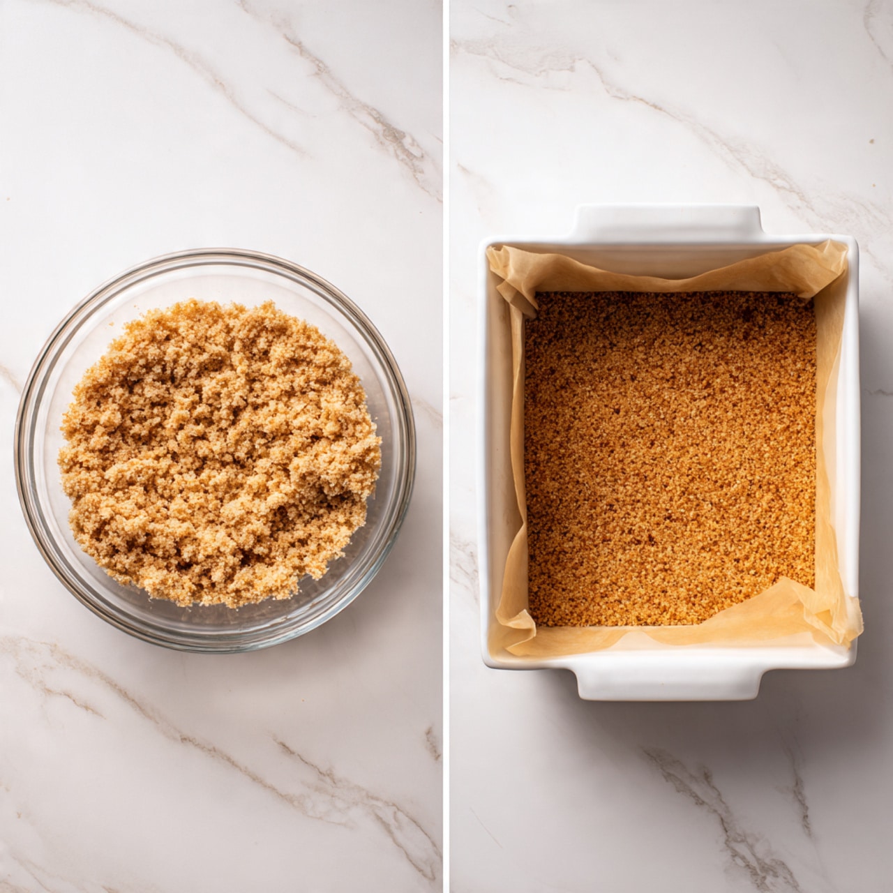The image shows two parts: on the left, a clear glass bowl filled with light brown, crumbly crumbs with a rough texture, sitting on a white marbled surface; on the right, the crumbs are spread evenly in a thick single layer inside a white square baking dish lined with parchment paper, the crumbs forming a smooth, pressed base with tiny specks of darker brown mixed in, all against a white marbled background. photo taken with an iphone --ar 4:5 --v 7