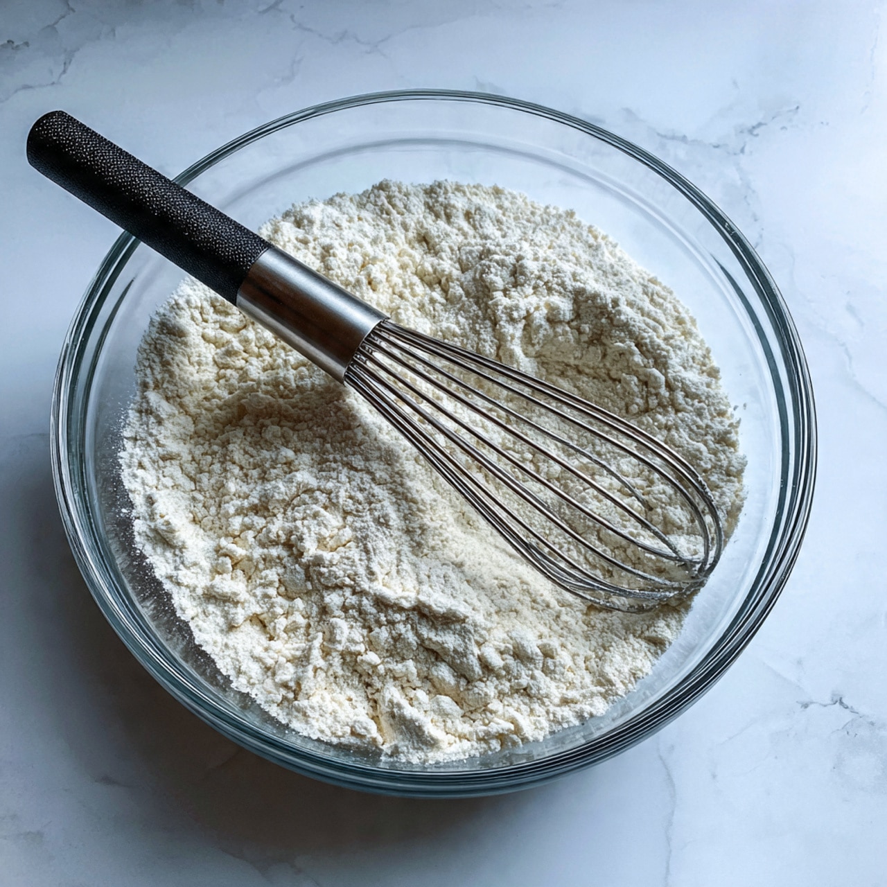 A clear glass bowl filled with white flour that has a powdery, slightly clumpy texture. Inside the bowl, a metal whisk with a black handle is resting diagonally, partially digging into the flour. The bowl is sitting on a white marbled textured surface that contrasts softly with the flour's fine texture. Photo taken with an iphone --ar 4:5 --v 7