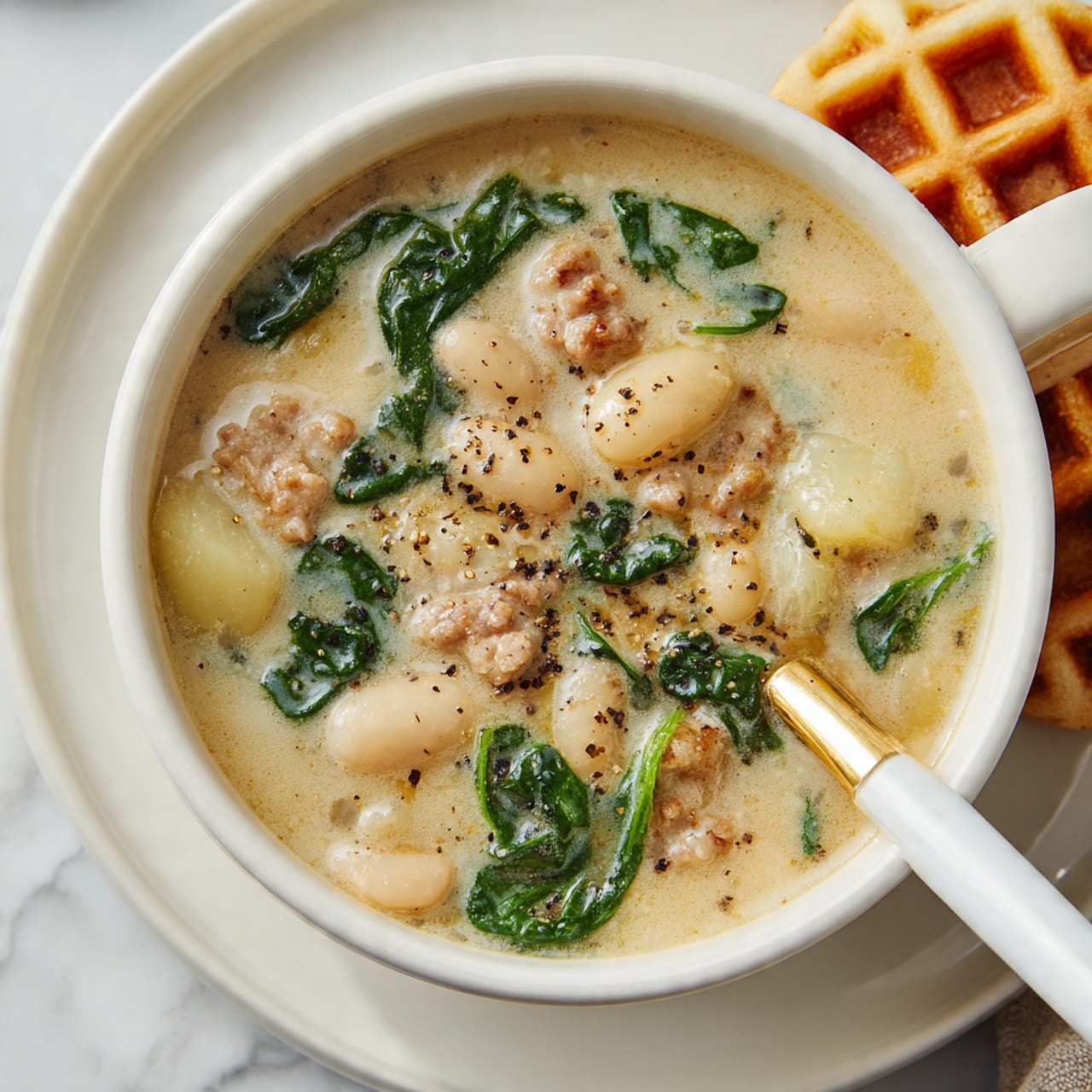 A white pot filled with a creamy soup showing several layers including light yellow broth with small chunks of pale yellow potatoes, light brown ground meat, and dark green leafy vegetables spread evenly throughout. A wooden spoon with smooth texture is dipped inside the soup on the right side, with its handle resting on the rim of the pot. The pot is placed on a dark wooden surface with a gray cloth partially visible on the upper right side. The overall scene focuses on the mixture inside the pot with clear visibility of ingredients in a rich creamy liquid. photo taken with an iphone --ar 4:5 --v 7