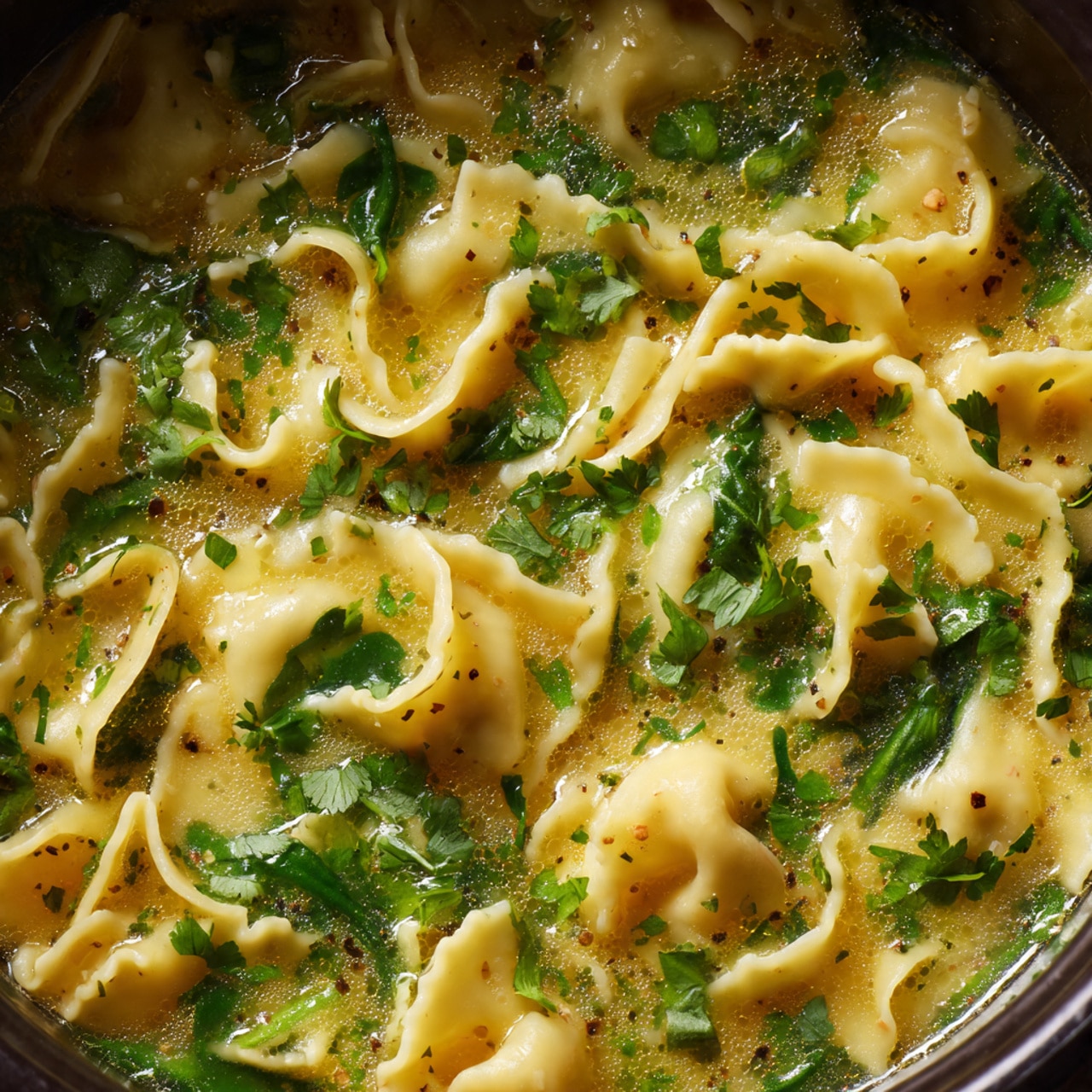 The image shows a close-up of a soup with wide, flat pasta pieces floating on top. The pasta is pale yellow with smooth edges and some wavy edges. The broth is light golden and slightly clear, with small bits of herbs and spices scattered throughout. Green spinach leaves are seen mixed in the soup, adding a fresh, vibrant color contrast to the yellow pasta and light broth. The dish is inside a dark cooking pot, and the visible ingredients appear fresh and simple. photo taken with an iphone --ar 4:5 --v 7