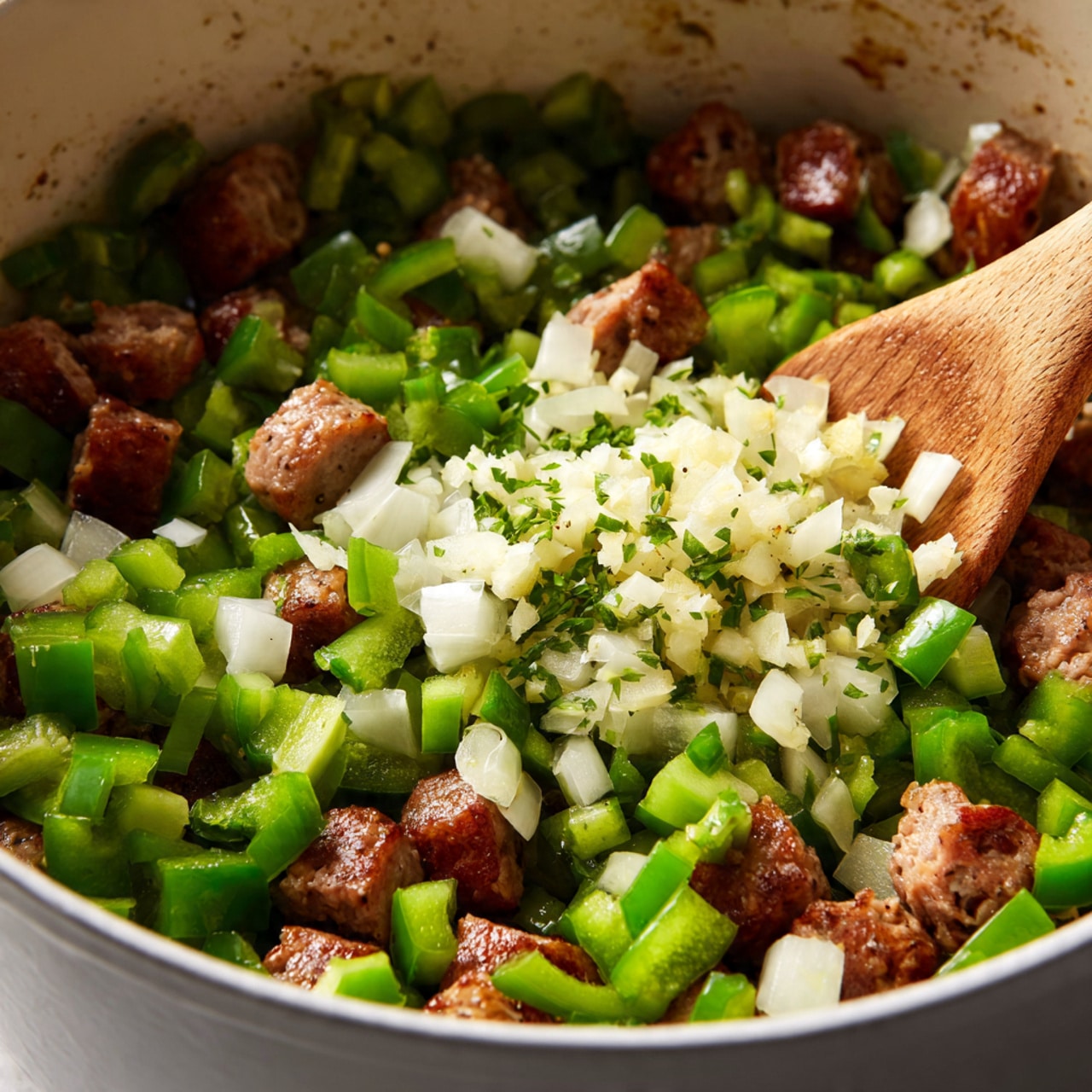 A close-up view inside a white pot shows a mix of diced green bell peppers and chopped white onions scattered evenly. Chunks of brown sausage pieces are mixed throughout, adding a rich color contrast. In the center, finely chopped garlic is piled on top, ready to be stirred in with a light brown wooden spoon, its textured details visible. The overall colors are green, white, and brown with a soft, warm lighting highlighting the fresh and cooked textures. photo taken with an iphone --ar 4:5 --v 7