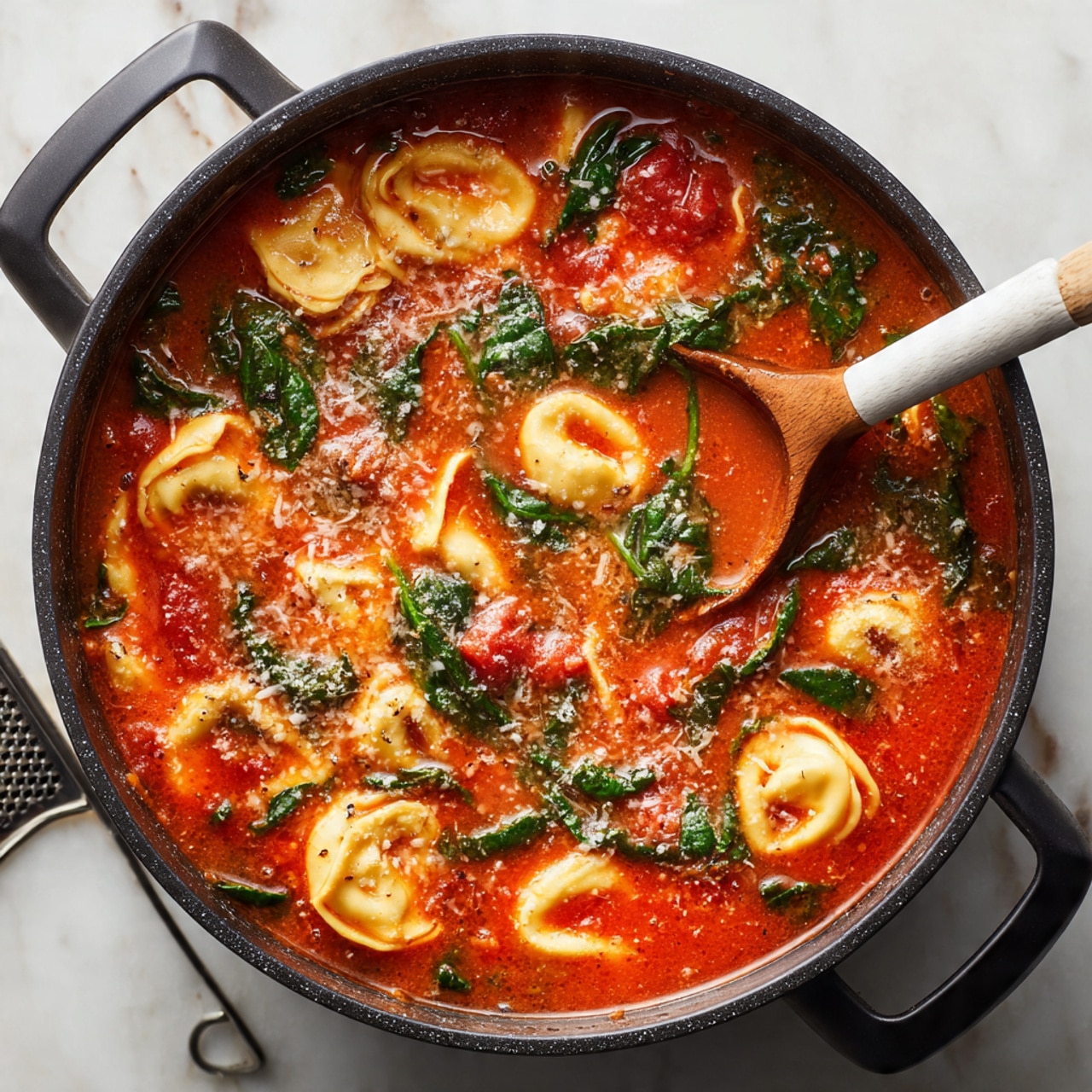 A black pot filled with a bright red tomato soup that has visible pieces of pale yellow tortellini pasta and green spinach leaves floating on top. There are shreds of white cheese sprinkled over the surface melting slightly into the hot soup. A white-handled wooden spoon rests in the pot, partially submerged in the soup. The pot sits on a white marbled surface. Nearby, there is a metal grater with a black handle and a block of hard cheese. Photo taken with an iphone --ar 4:5 --v 7