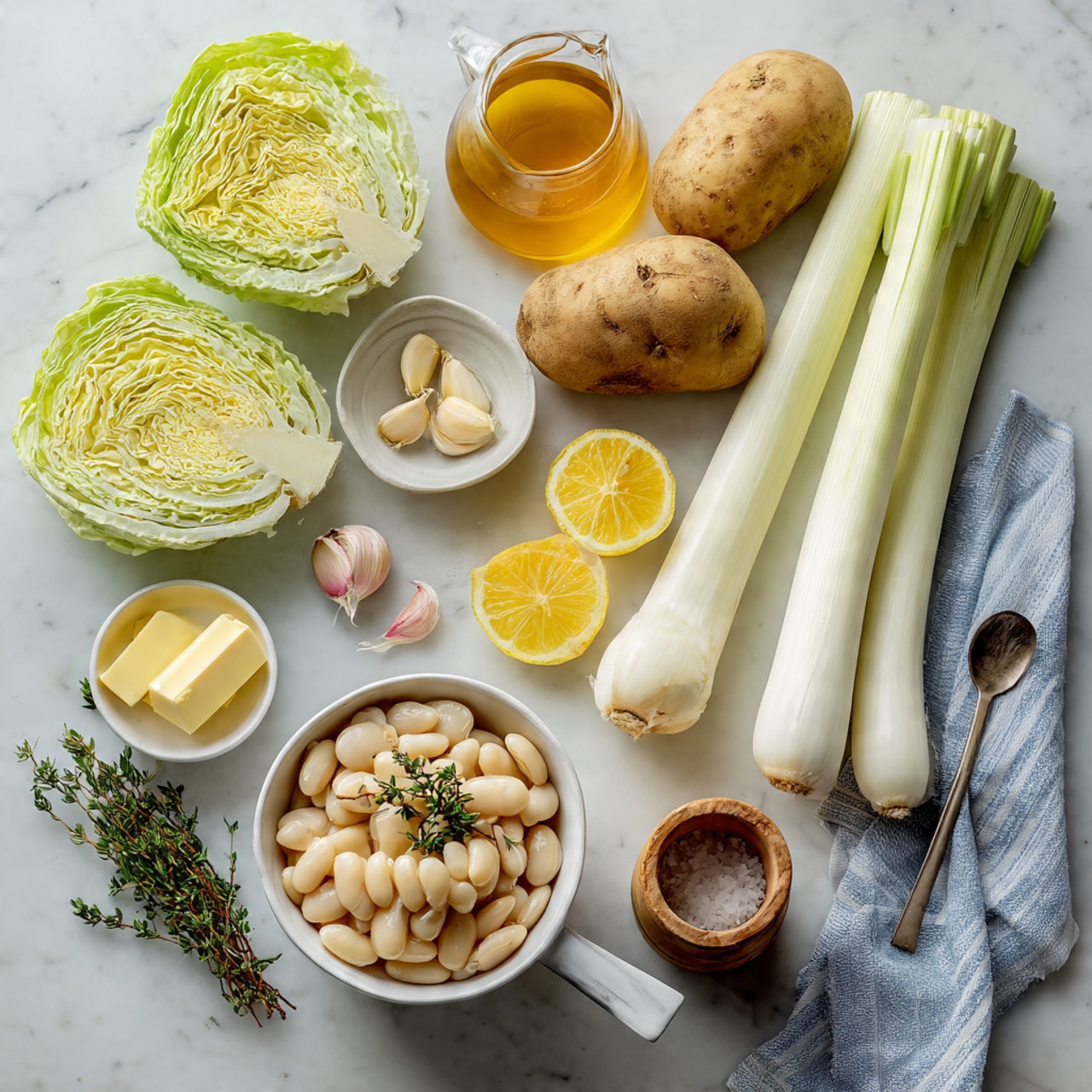 The image shows an overhead view of fresh ingredients arranged neatly on a white marbled surface. Starting from the top left, there are two halves of green or savoy cabbage with their pale green, crinkled leaves visible. To the right of the cabbage, two russet potatoes with a light brown, rough skin sit next to a clear cup of veggie broth that has a warm amber color. On the right side, long white leeks lie horizontally with a smooth, pale texture. In the center bottom area, a white bowl filled with pale cannellini beans is topped with a small sprig of fresh green thyme, with more thyme sprigs scattered nearby. To the left of the beans, a small white bowl holds several cloves of garlic, partially peeled, showing off their cream and purple hues. Below this, a small round white bowl contains three lemon wedges with bright yellow rinds and juicy flesh. Next to the lemon bowl is another small white bowl holding two thick rectangular slices of pale yellow butter. Just above the butter, a small pitcher holds olive oil with a golden green hue. Finally, on the bottom right on the marble surface, a wooden salt container with coarse white salt and a metal measuring spoon lay. A striped white and blue cloth napkin is visible in the bottom left corner. Photo taken with an iphone --ar 4:5 --v 7