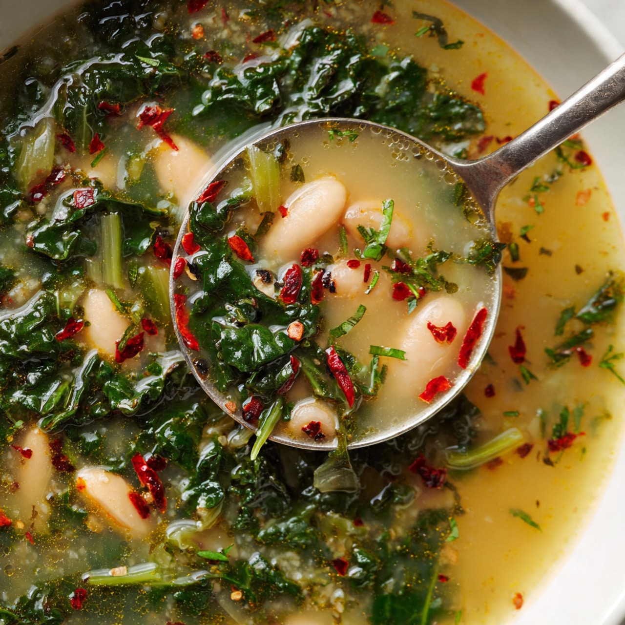 A close-up of a white pot filled with creamy soup, with a spoon lifting a scoop of the soup above the pot. The soup has three main layers: a creamy, light beige broth forming the base; a mix of dark green leafy kale spread throughout and piled on the spoon; and small, round, light-colored beans scattered in the soup and on the spoon. There are also some small pieces of orange carrot visible near the beans. The texture of the soup looks rich and smooth, contrasting with the leafy kale that appears wilted but intact. The background is a white marbled surface. photo taken with an iphone --ar 4:5 --v 7