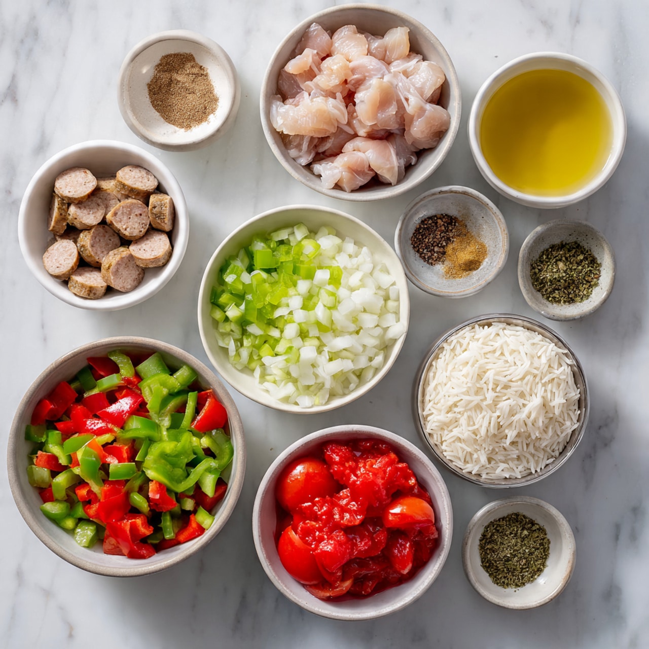 The image shows several metal bowls placed on a white marbled surface, each containing different ingredients. Starting from the top left, the first bowl has sliced sausage pieces in light brown color with some sausage texture. Next to it on the top right is a bowl with light pink raw chicken thigh pieces. Below the sausage, there is a bowl with chopped white onions, green bell peppers, red bell peppers, and celery mixed together. To the right of the chopped vegetables is a bowl filled with a golden yellow liquid, chicken broth. Below the chicken broth, a bowl contains bright red canned tomatoes with visible tomato chunks. In the middle right area, a bowl holds white long-grain rice with a fluffy texture. Next to the rice are two small bowls with dry spices: one contains coarse salt and black pepper, and the other has a mix of greenish dried herbs like basil, parsley, and light brown garlic powder. On the bottom left near the vegetables, a small bowl holds brownish Cajun seasoning powder. Lastly, near the herbs, a small round bowl has clear golden olive oil. The bowls are arranged neatly from top left to bottom right, creating a colorful and organized display of ingredients for a dish. Photo taken with an iphone --ar 4:5 --v 7
