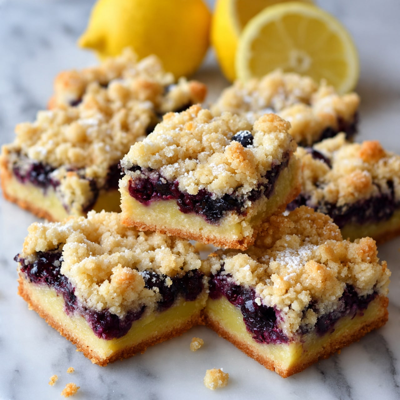 The image shows a close-up of nine square lemon blueberry crumb bars neatly cut and placed together. Each bar has two visible layers: the bottom layer is light golden brown with a soft crumb texture, and the top layer is a crumbly, slightly uneven topping that is pale yellow with small, darker golden pieces. Dark purple blueberries are scattered within the bars, some breaking through the top, creating contrast against the light topping. In the background, there are two yellow lemon halves, slightly blurred. The bars are resting on a white marbled surface. Photo taken with an iphone --ar 4:5 --v 7