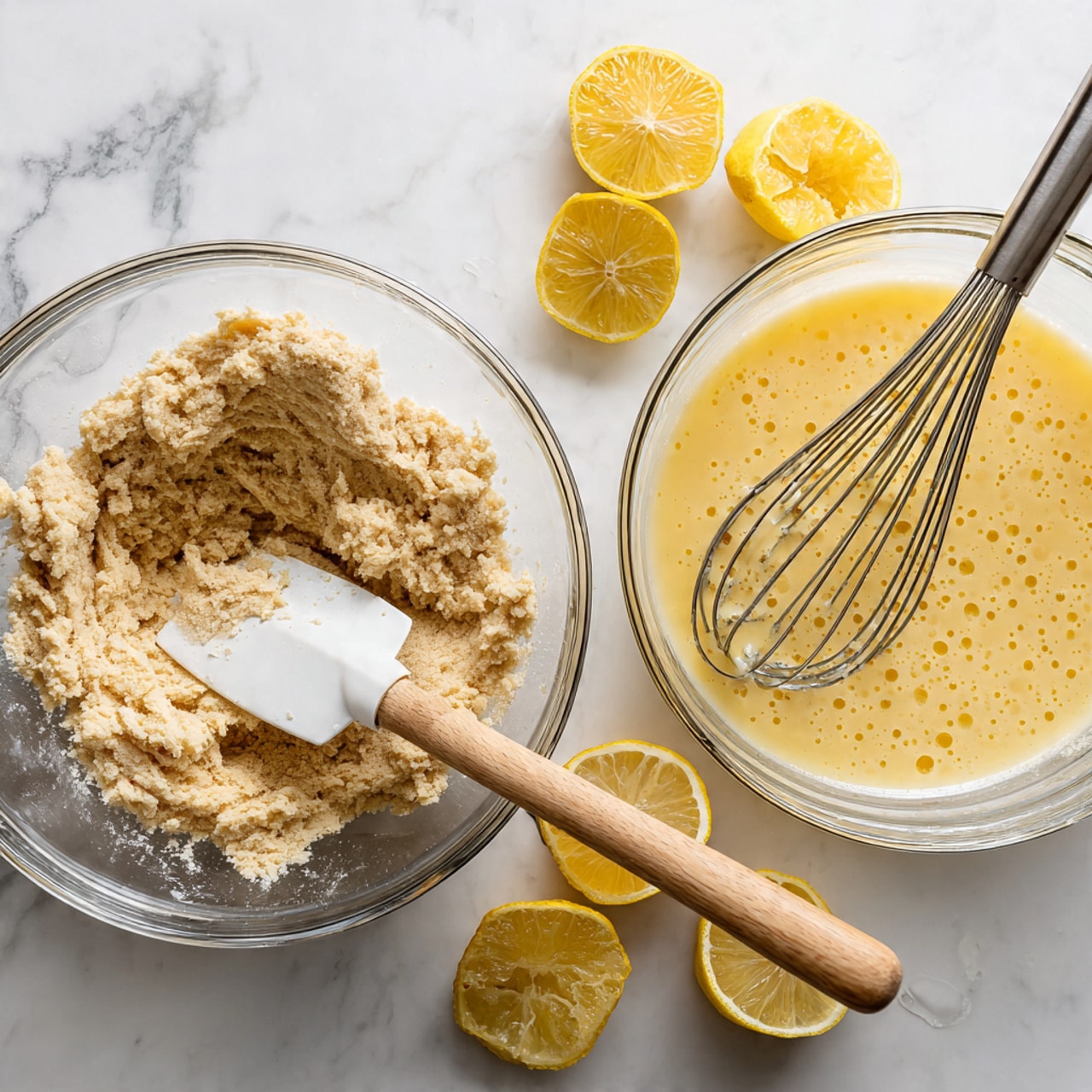 The image shows two clear glass bowls on a white marbled surface. The bowl on the left contains a thick, pale beige dough with a rough, slightly crumbly texture. A white spatula with a wooden handle is stuck into this dough. The bowl on the right has a light yellow liquid mixture, smooth with small bubbles on the surface, and a metal whisk resting inside it. Around this bowl are several squeezed lemon halves, showing a bright yellow color and rough texture. Photo taken with an iphone --ar 4:5 --v 7