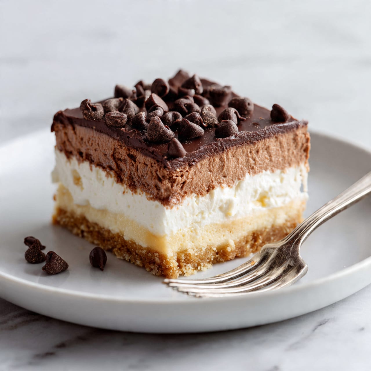 A rectangular dish with several square pieces of a layered dessert. The top layer is smooth and shiny dark chocolate brown with small chocolate chips scattered evenly across it. Below the chocolate layer, there is a thick, creamy white layer and under that, a light brown base layer. One square is missing, showing the three distinct layers clearly in the empty space beside the remaining pieces. The dish is placed on a white marbled surface. Photo taken with an iphone --ar 4:5 --v 7