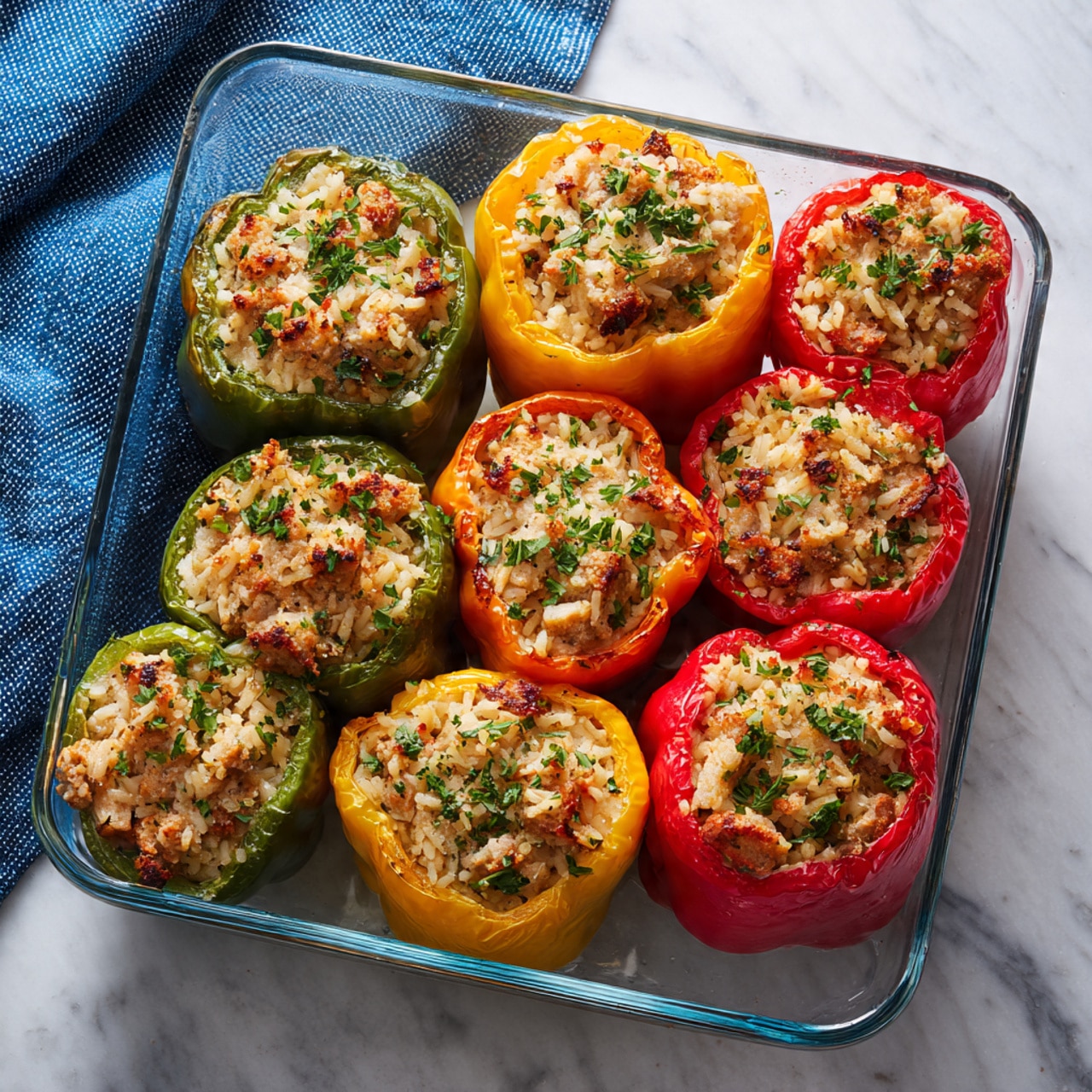 This image shows a glass baking dish filled with eight stuffed bell pepper halves, arranged closely together. Each pepper half is full of a mix of cooked rice, sliced sausage, and small chunks of chicken, topped with sprinkled green herbs. The bell peppers are in different colors—green, yellow, and red—and their shiny, slightly wrinkled skin contrasts with the textured, golden-brown rice filling inside. The dish sits on a white marbled surface with a blue towel partially visible nearby in the background. Photo taken with an iphone --ar 4:5 --v 7