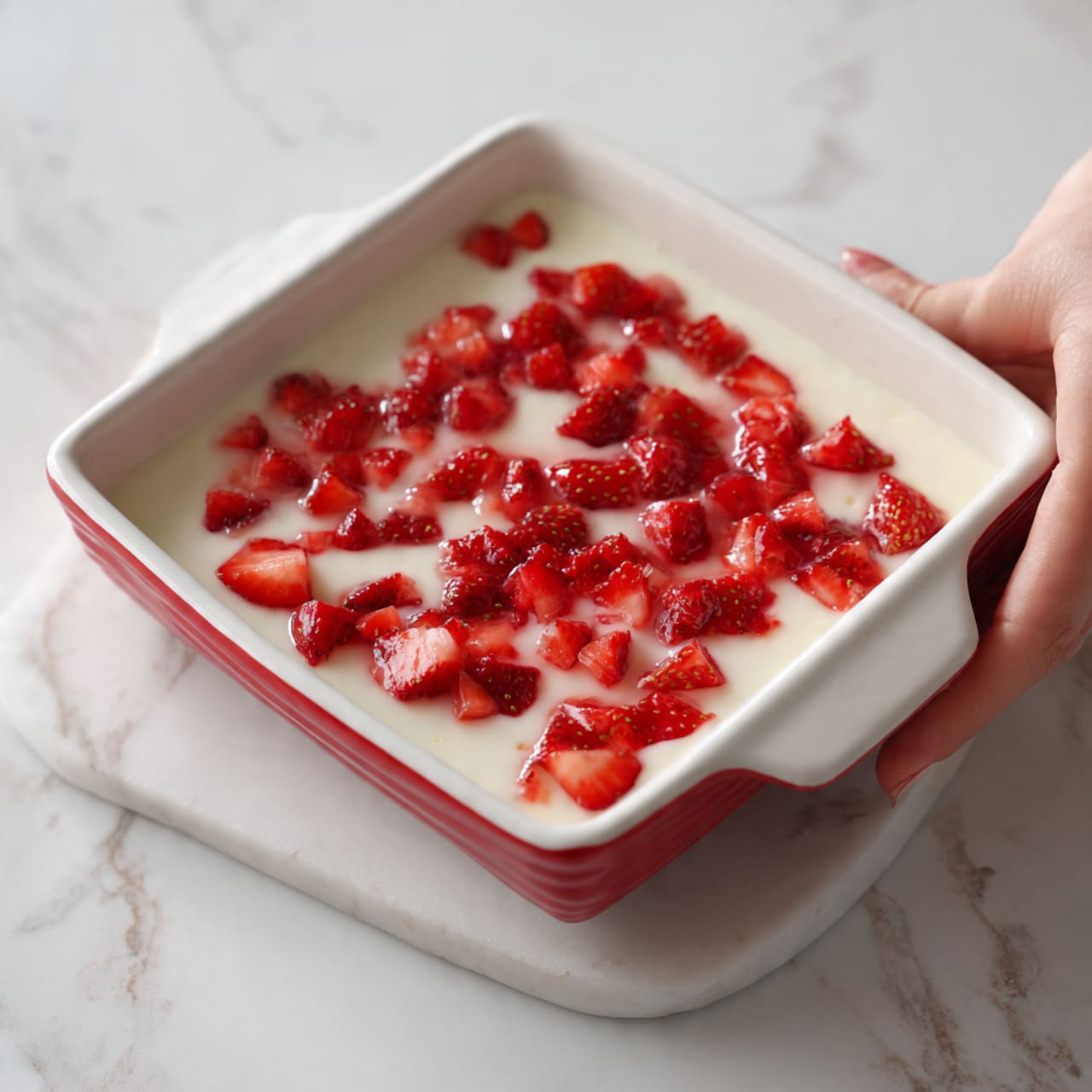A square white ceramic dish with a red rim holds a dessert with two clear layers. The bottom layer is creamy white and smooth, while the top layer has small, chopped bright red strawberries spread evenly. The dish is on a white marbled surface, and a woman's hand is gently holding the edge of the dish from the left side. photo taken with an iphone --ar 4:5 --v 7