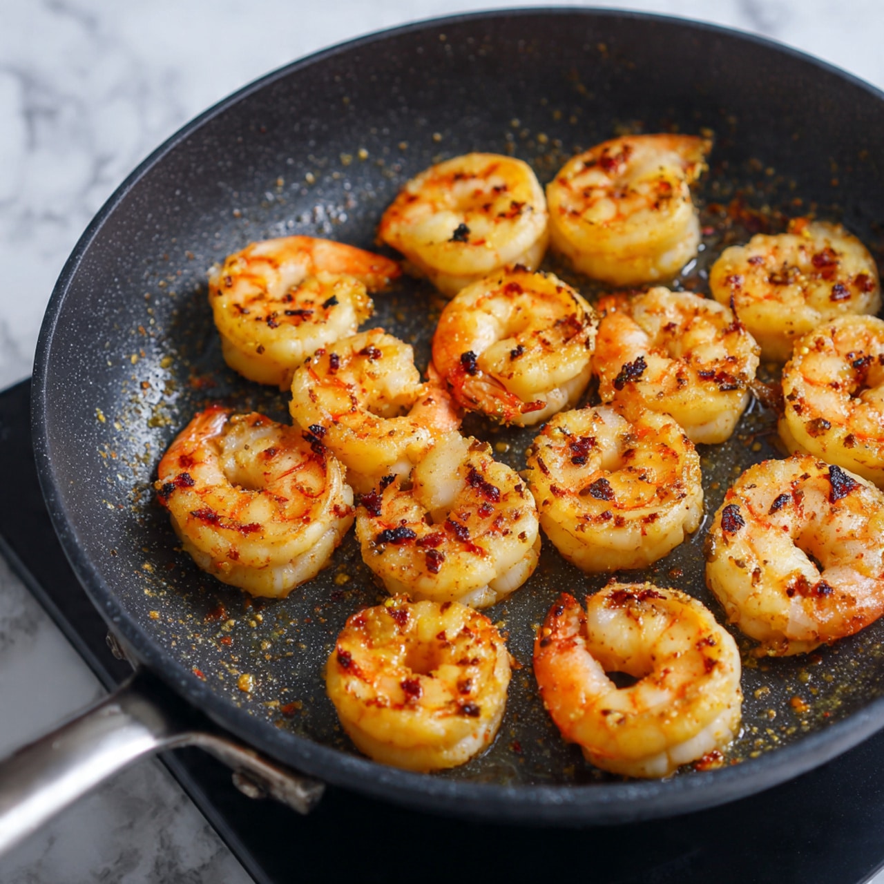 A close-up view of fourteen cooked shrimp in a black frying pan on a stove. The shrimp are golden orange with some dark brown grilled spots, arranged mostly in a scattered circular pattern. The shrimp have a firm, slightly shiny texture, showing a light crust from cooking. The pan has a textured flat bottom with some small bits of seasoning. The handle of the pan is metal, visible on the left side. The background is a white marbled texture. Photo taken with an iphone --ar 4:5 --v 7