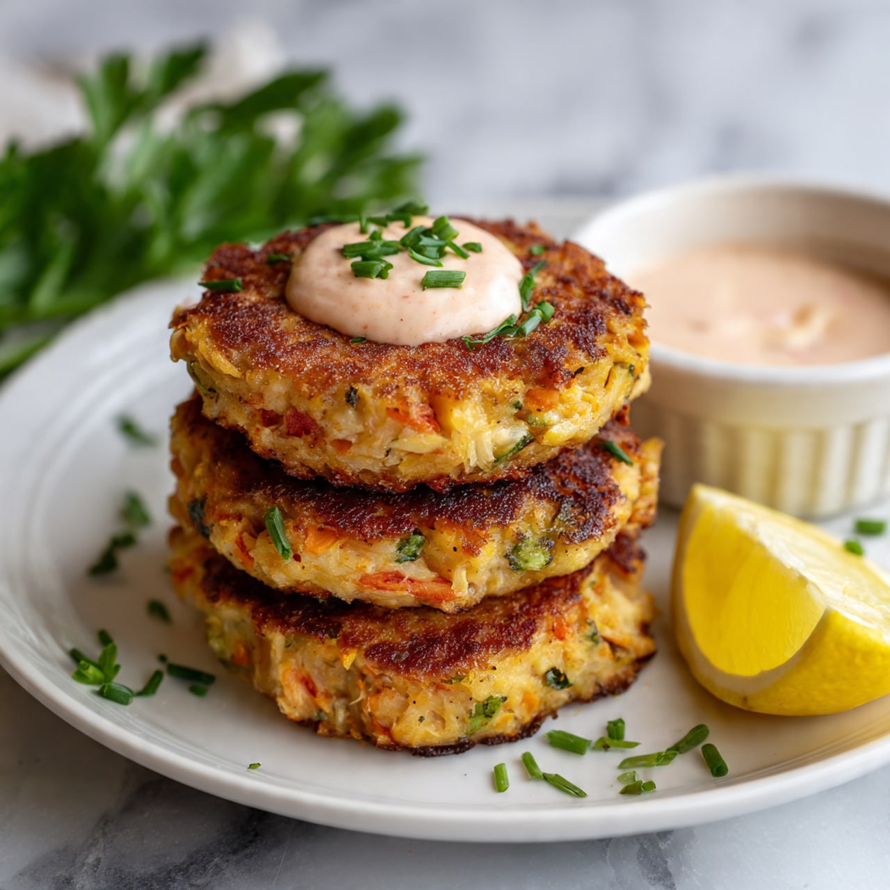 Six round crab cakes with a golden brown crust and scattered green herbs on top are arranged on a white plate. The crab cakes have a textured look with visible white crab meat strands. On the plate, there are two lemon wedges showing a bright yellow color and a small white bowl filled with creamy, light orange dipping sauce with tiny red specks. Fresh green parsley leaves add a pop of color near the crab cakes, and the whole scene is set on a white marbled surface. photo taken with an iphone --ar 4:5 --v 7