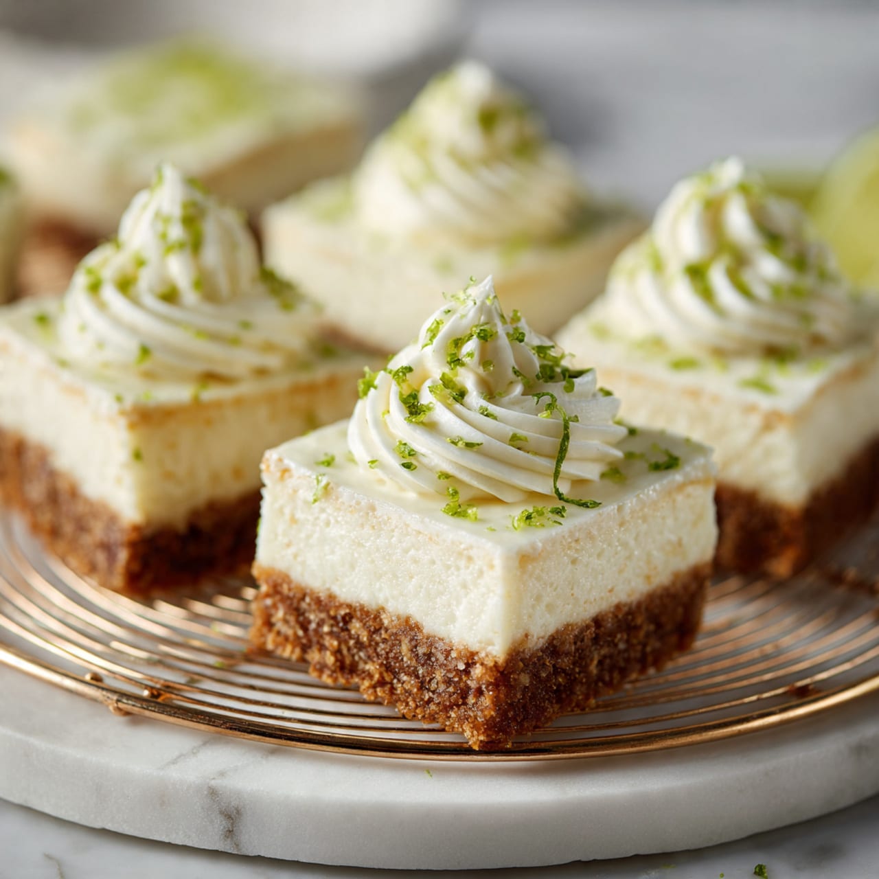 The image shows a dessert with two clear layers. The bottom layer is a thick, crumbly, light brown crust. The top layer is a thick, smooth, creamy white filling with tiny specks of green. The dessert is cut into square pieces, each topped with a small dollop of white cream and a slice of fresh green lime standing upright. The squares are arranged neatly on a round white plate with a decorative edge, all placed on a white marbled surface. The background is softly blurred, focusing on the dessert. Photo taken with an iphone --ar 4:5 --v 7