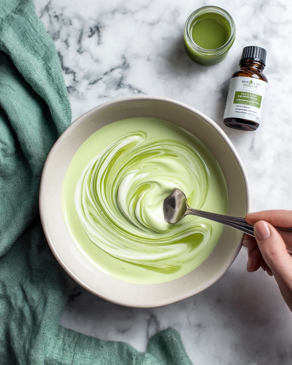 A white bowl contains a creamy, light green mixture with bright green swirls being stirred by a silver spoon. The texture looks smooth and thick, with the colors blending softly in a spiral pattern in the center of the bowl. The bowl is set on a white marbled surface, next to a green cloth, a small green bottle, and a larger green bottle with a label that has white and green colors. photo taken with an iphone --ar 4:5 --v 7