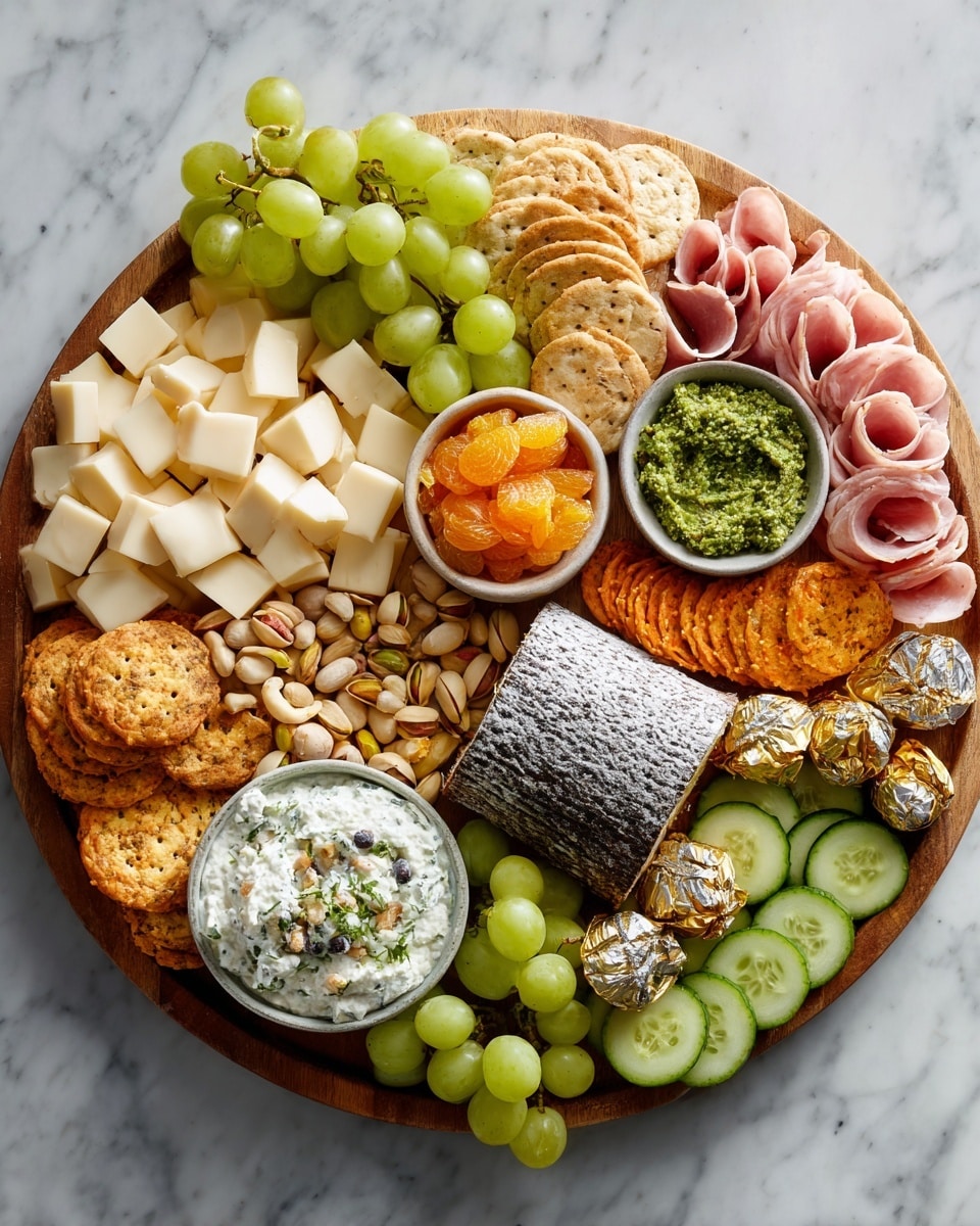 A large round white plate holds a colorful charcuterie arrangement on a white marbled surface. In the center, three small bowls are placed: one with bright orange spread, another with chunky green spread, and the last with creamy beige dip with herbs. Surrounding the bowls, there are bright green grapes in clusters positioned symmetrically. Thin slices of pink cured meat fan out behind the orange dip, while darker red cured meat lies below it. On the right side, neatly sliced cucumber pieces form a row next to the beige dip. On the left, square pale yellow cheese slices overlap in a pile. Golden foil-covered cheese rounds and small round brown crackers with black seeds are scattered around, filling the remaining spaces on the plate. photo taken with an iphone --ar 4:5 --v 7