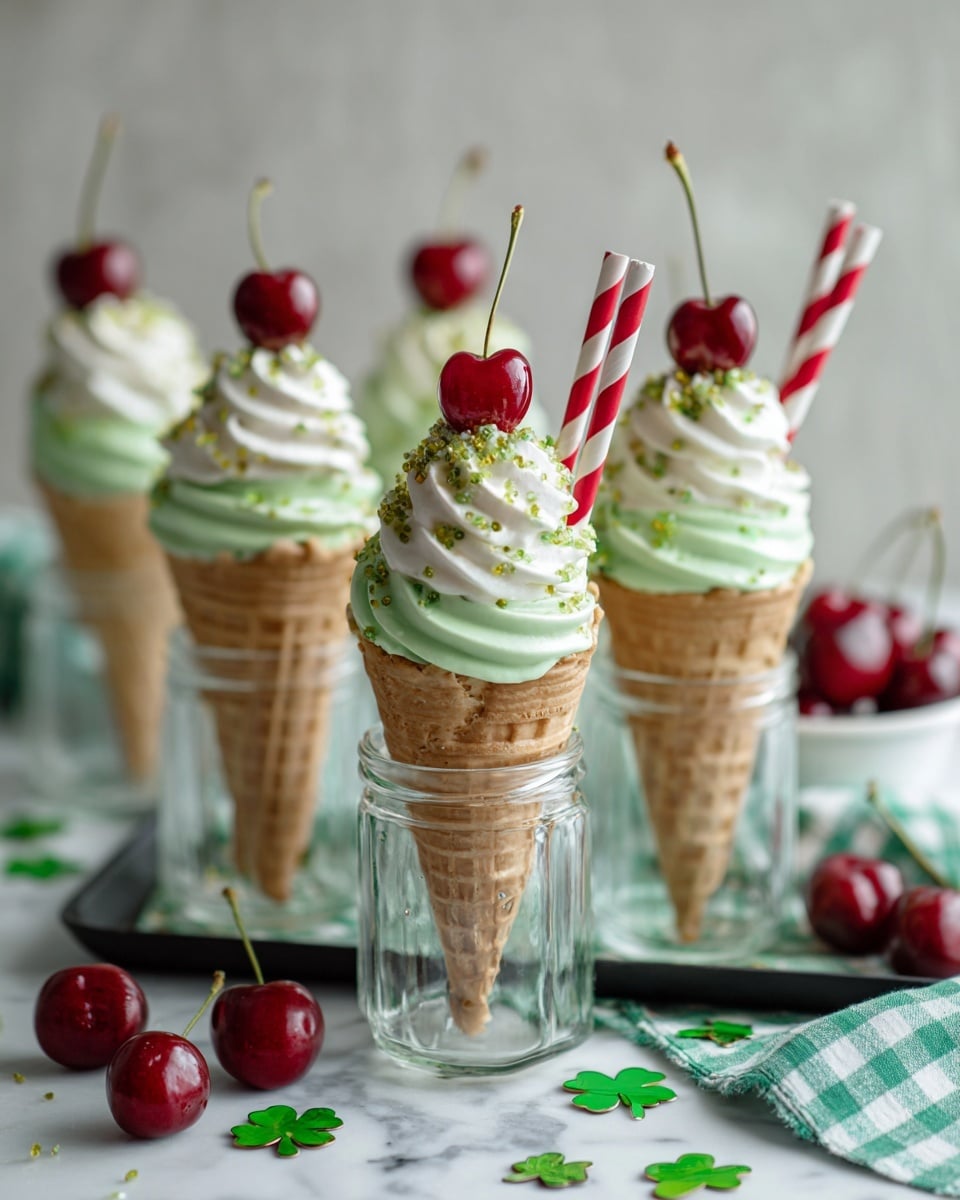 The image shows ice cream cones filled with layers of light green and white swirled cream, placed upright in small clear jars on a white marbled surface. Each cone has two visible layers: the bottom soft green cream and the top white cream, sprinkled with small green sugar crystals. On top of each cone sits one bright red cherry with a thin brown stem, accompanied by a red-and-white striped paper straw sticking out from the right side of the white cream. Around the cones, there are extra red cherries and green shamrock-shaped decorations scattered on a green-and-white checkered cloth and a black tray with green shamrocks. Photo taken with an iphone --ar 4:5 --v 7