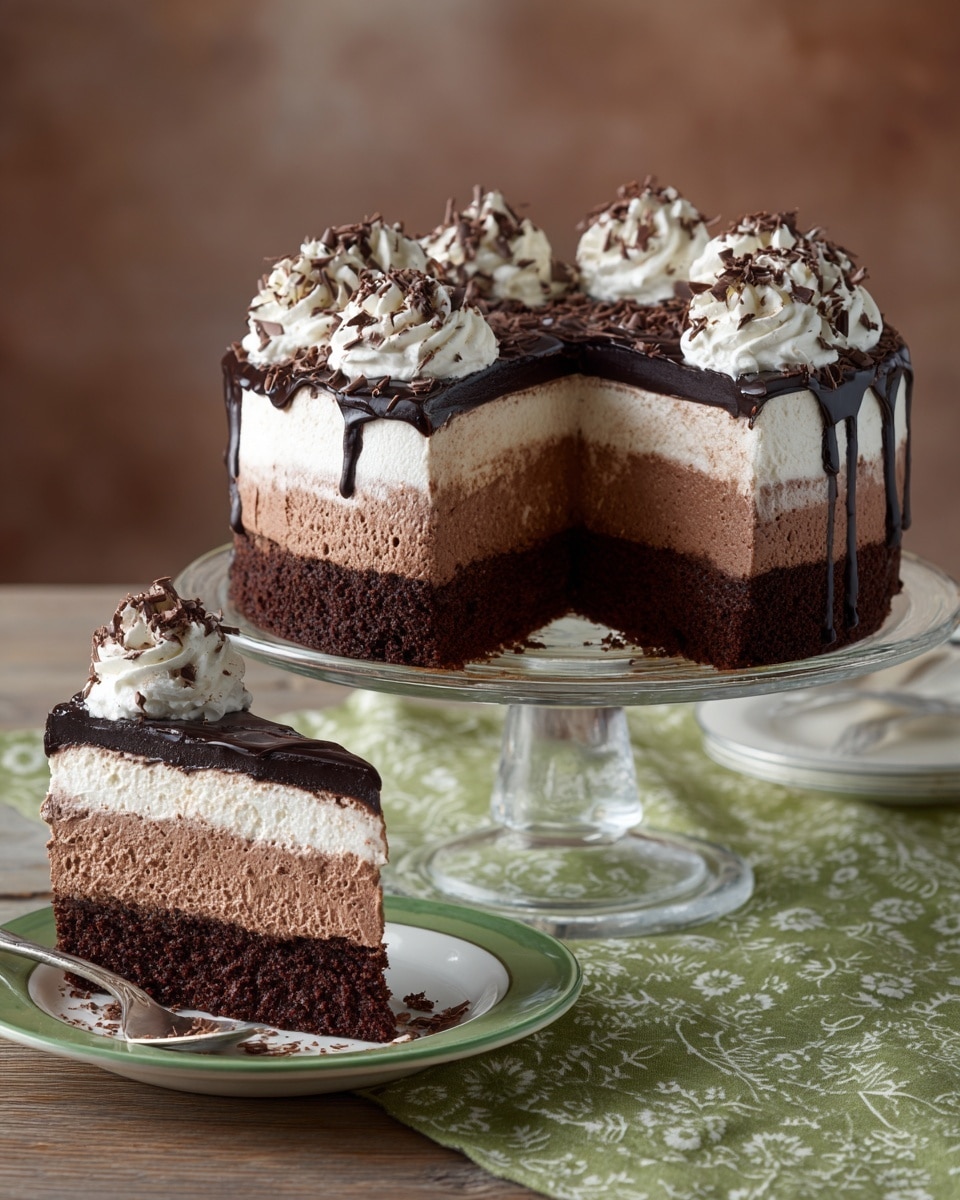 The image shows a close-up of a rich, dark chocolate cake with three visible layers: a dense dark brown base layer, a middle layer of lighter brown chocolate mousse, and a top layer of creamy white frosting with swirls of dark chocolate drizzle. Thick, shiny chocolate ganache drips down the sides of the cake, adding a glossy texture. The cake sits on a green glass plate, with a dark blurred background. photo taken with an iphone --ar 4:5 --v 7