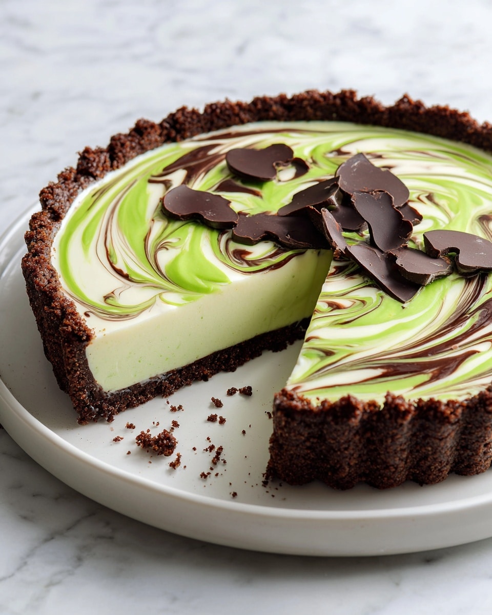 A slice of green and white swirled cheesecake sits on a white plate, resting on a white marbled surface. The cheesecake has three clear layers: a bottom dark chocolate crumb crust, a thick middle creamy layer with green swirls, and a top thin layer of shiny dark chocolate drizzle dripping slightly down the sides. On top, there are three swirled peaks of white whipped cream, sprinkled with small green sugar crystals and chunks of dark chocolate. Photo taken with an iphone --ar 4:5 --v 7