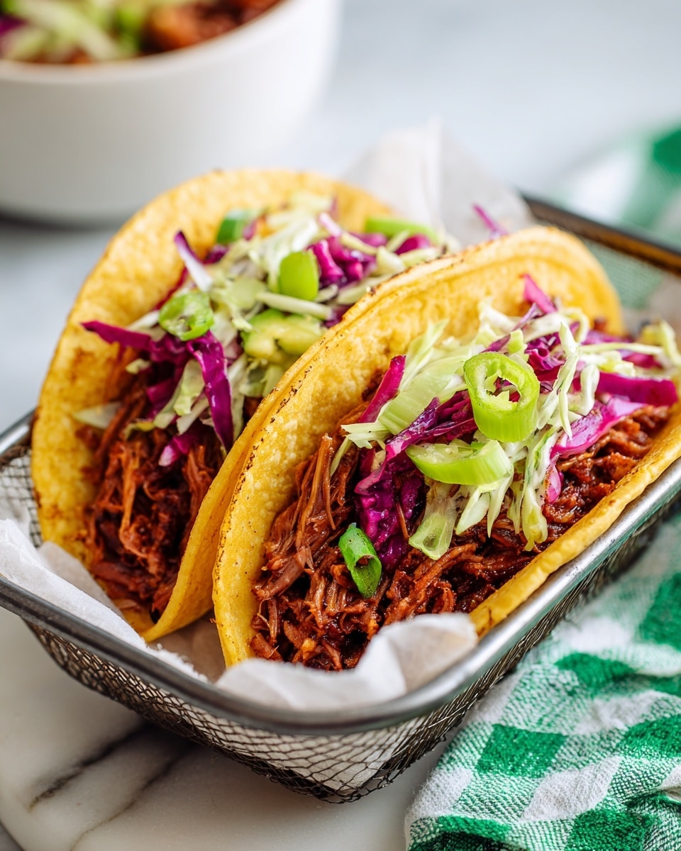 Two tacos sit side by side in a metal holder on a white marbled surface. Each taco shell is yellow and lightly toasted with visible char marks on the edges. Inside the shells are several layers: the bottom layer is shredded purple cabbage, followed by thin green onion slices and shredded red meat. There is a small dollop of white sauce in the middle layer of the filling. A slice of green kiwi fruit rests on top of the meat and vegetables, adding a fresh pop of color. A blurred white bowl with salad is faintly visible in the background. photo taken with an iphone --ar 4:5 --v 7