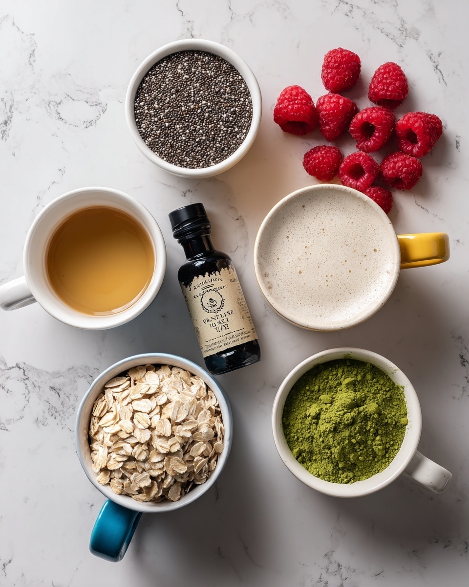The image shows seven ingredients arranged on a white marbled surface. At the top left is a small white bowl filled with black and white chia seeds. Next to it, in the middle top, is a dark bottle of vanilla extract with a beige label. To the right is a white mug with a yellow handle, filled with creamy non-dairy milk, with fresh red raspberries placed around it. Below the chia seeds is a small white bowl containing light golden maple syrup. Near the bottom left, a white mug with a blue handle is filled with rolled oats, showing a rough, pale beige texture. Finally, at the bottom right, a small white bowl contains bright green matcha powder with a fine, powdery texture. Photo taken with an iphone --ar 4:5 --v 7