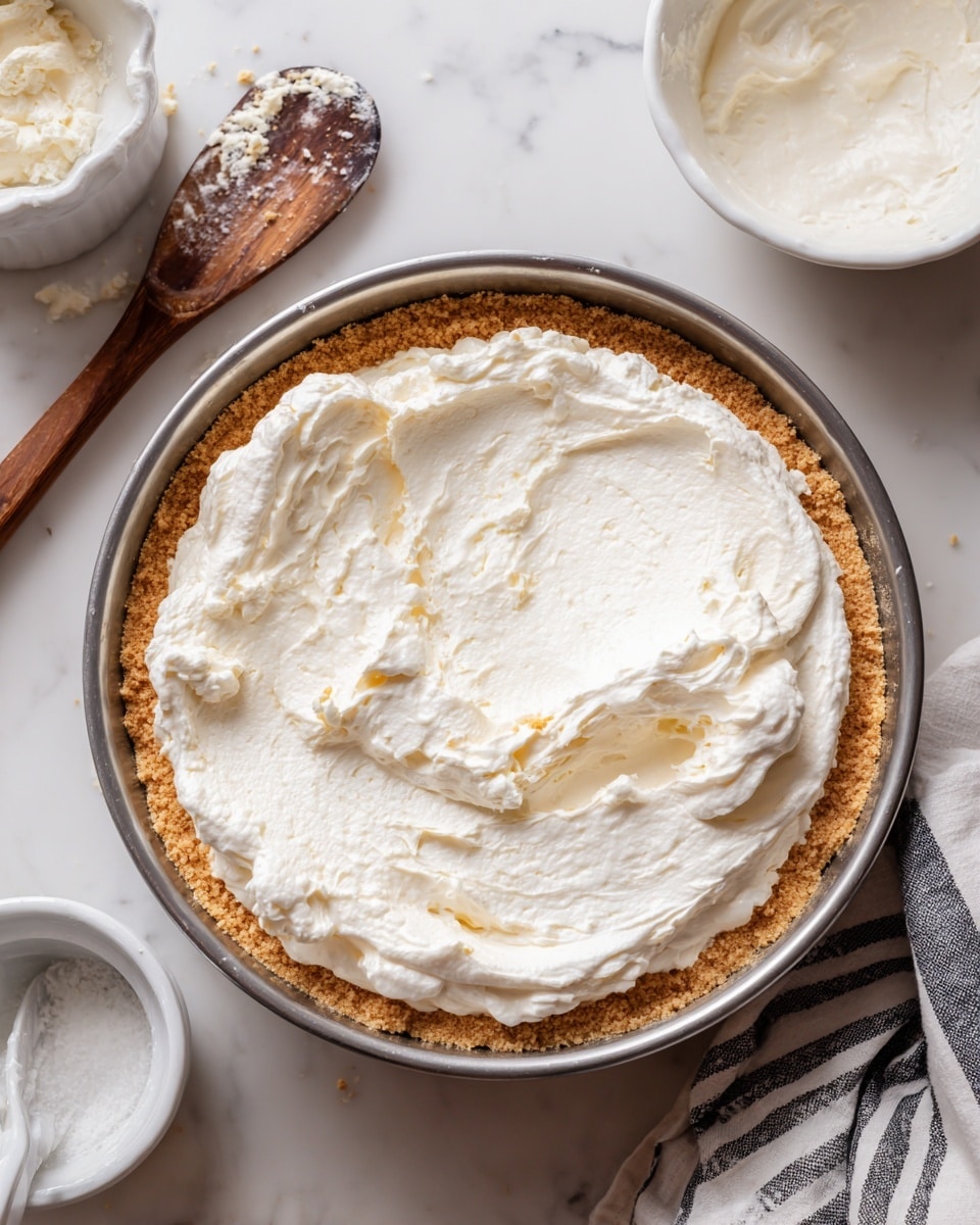 A silver pan holds two layers: the bottom layer is a light brown crumbly base with a sandy texture, and on top is a fluffy white whipped layer with slight golden spots where it has browned. The pan sits on a white marbled surface. Nearby, there is a wooden spoon with some white cream residue on it, a white bowl with some white whipped cream inside, and a white pie dish with a light brown crumb crust. A striped white and black cloth is also partially visible near the pan. photo taken with an iphone --ar 4:5 --v 7