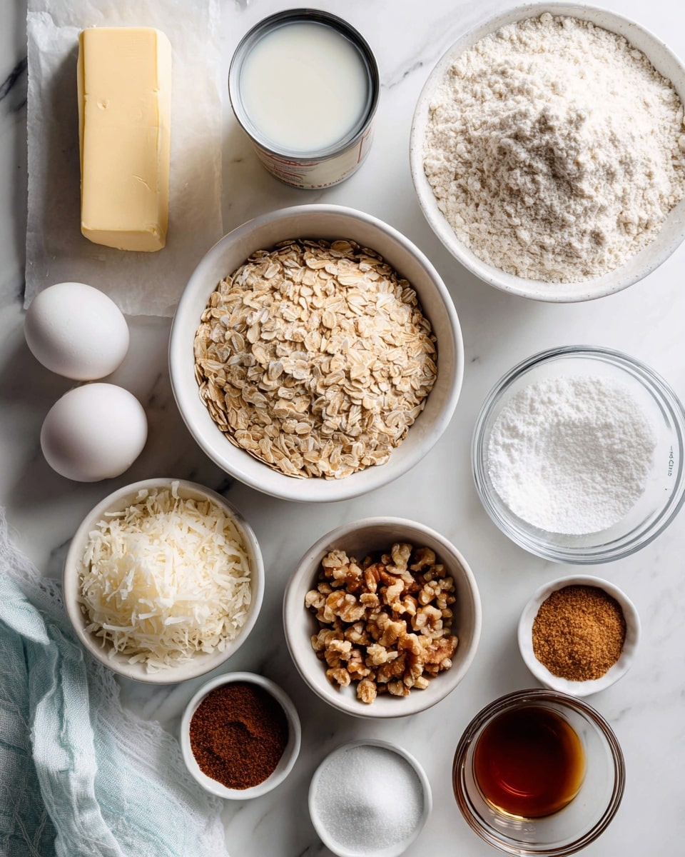 A top-down view of various baking ingredients arranged on a white marbled surface, including a stick of butter next to two white eggs on the left side. In the center is a white bowl filled with rolled oats, and nearby a white bowl with shredded coconut. A can of evaporated milk sits next to the oats. To the right is a clear glass bowl with flour, a white bowl filled with granulated sugar, and a clear glass measuring cup with water. In smaller white and clear dishes are brown sugar, mixed chopped nuts, a brown liquid in a small glass bowl, and a mixture of cinnamon, baking soda, and salt. A folded white and light blue cloth napkin is partially visible in the top left corner photo taken with an iphone --ar 4:5 --v 7