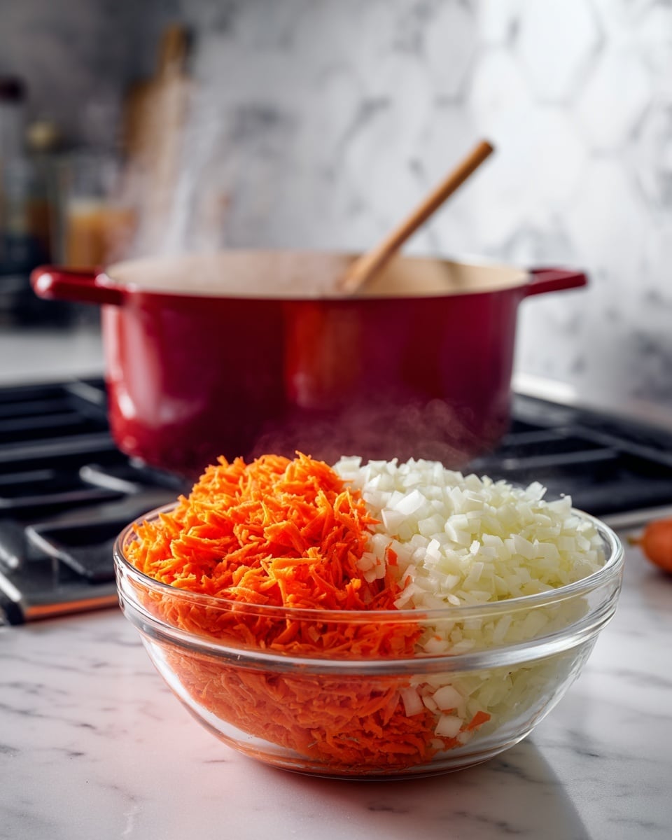 The image shows a clear glass bowl placed on a white marbled counter, filled with two layers of finely chopped vegetables: bright orange shredded carrots on the left and white chopped onions on the right. Behind the bowl, there is a red cooking pot on a stove, steaming with a wooden spoon resting inside, and steam rising visibly from the pot. The background features a white marbled surface with part of the stove and kitchen wall visible. photo taken with an iphone --ar 4:5 --v 7