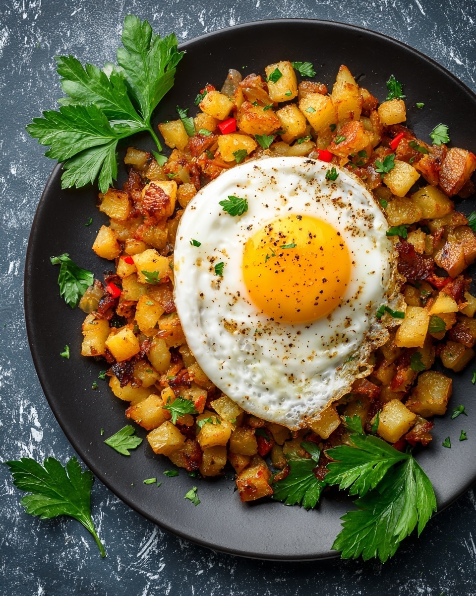 A black cast iron skillet filled with a cooked mixture of finely chopped ingredients, showing three main layers: a base of brown cooked meat or beans, mixed with small cubes of yellow potatoes evenly spread throughout, and small pieces of red bell pepper and green herb leaves scattered over the top. The food has a slightly crispy texture in some places. The skillet sits on a light wooden board, placed on a white marbled surface. photo taken with an iphone --ar 4:5 --v 7