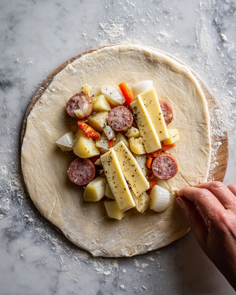 The image shows a rolled-out dough circle on a wooden surface dusted with flour. In the middle of the dough, there is a line of ingredients including chunks of pale yellow potatoes, bright red slices of sausage, and small pieces of white onion, all topped with two elongated slices of pale yellow butter sprinkled with black pepper. On the right side of the image, a woman's hand is gently holding the edge of the dough, preparing to fold it. The background is changed to a white marbled texture. Photo taken with an iphone --ar 4:5 --v 7
