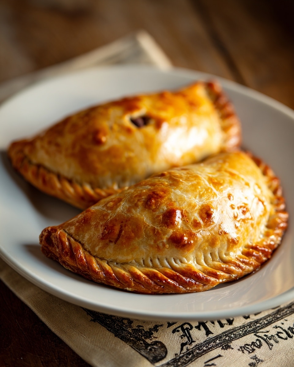 Two golden brown empanadas lie side by side on a white plate. Each empanada has a slightly crimped edge with a textured, baked crust that shows small cracks and a crisp surface. One of the empanadas has a small, dark vent hole near the center-top. The plate rests on a cloth with black script writing, all set on a wooden table. The lighting highlights the warm tones and flaky details of the pastry. photo taken with an iphone --ar 4:5 --v 7