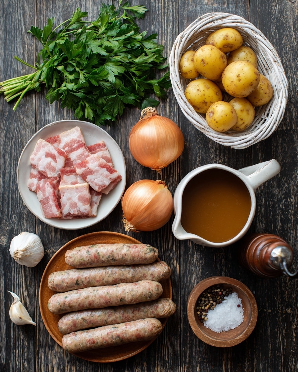 A collection of raw cooking ingredients is arranged on a dark wooden surface with a white marbled texture. In the top right, a white woven basket holds several small yellow potatoes. Below it, a small bunch of green parsley leaves lies flat. Two whole onions with golden-brown skin sit centrally. To the left, a white bowl contains several slices of pink and white bacon. Below the onions, a wooden plate holds five raw sausages with a speckled texture of light and dark pink. A small white jug filled with brown broth is to the right of the sausages, beside a wooden bowl with salt and a black pepper grinder. Two cloves of pale garlic are near the top left corner. All elements are natural and fresh, thoughtfully spread across the surface. Photo taken with an iphone --ar 4:5 --v 7