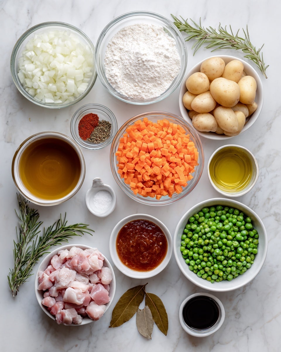 A top-down view of several clear glass and white bowls arranged neatly on a white marbled surface, each holding a different cooking ingredient. From left to right and top to bottom, there is a bowl with roughly chopped white onions, a bowl with white flour, a bowl with bright orange chopped carrots, a white bowl filled with small round potatoes, a small bowl with golden oil, a large bowl with brown broth, a bowl with green peas, and a white bowl full of raw pink and white meat pieces. Smaller glass bowls hold white salt, black pepper, and reddish tomato paste, with a dark soy-like sauce in a white bowl nearby. Fresh rosemary sprig and a brown bay leaf rest on the surface beside the bowls. The image has a clean, fresh look, photo taken with an iphone --ar 4:5 --v 7