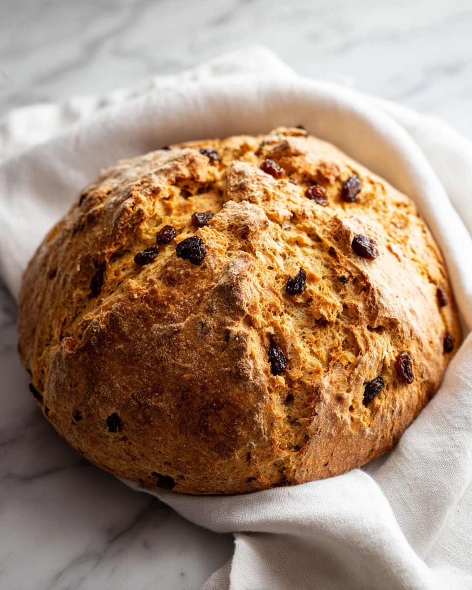 A round scone with a golden brown crust filled with dark raisins sits partly wrapped in a white cloth on a wooden board with a white marbled surface underneath. One triangular piece is served on a white square plate, showing a soft, light yellow inside dotted with raisins. A butter knife with a wooden handle rests on the plate next to the scone slice, holding a small square of pale yellow butter that is spreading onto the scone. photo taken with an iphone --ar 4:5 --v 7