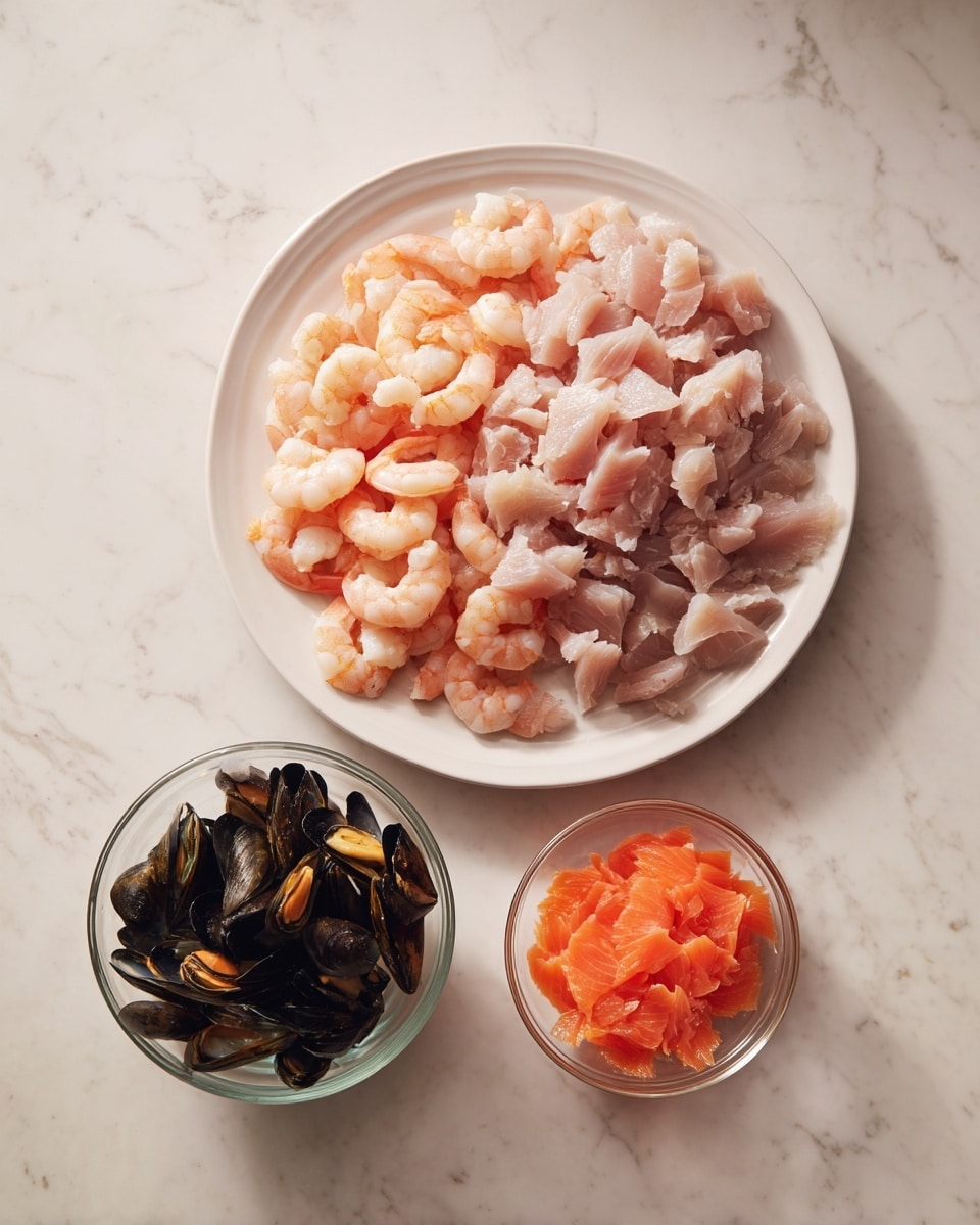 A large round white plate filled with two layers of seafood: the bottom layer consists of peeled pink shrimp, and the top layer is made up of light pink chunks of raw fish pieces spread unevenly. Below the plate, there are two small glass bowls placed over a white marbled surface; the left bowl contains dark orange and black mussels, and the right bowl holds flakes of bright orange salmon. Photo taken with an iphone --ar 4:5 --v 7