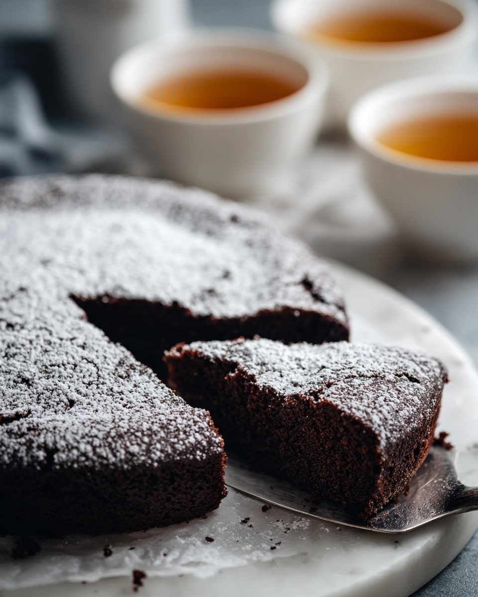 A thick, dark chocolate cake slice sits on a white plate dusted with powdered sugar, topped with three dark chocolate curls and two shiny coffee beans. The cake slice shows a moist and dense texture with a rich brown color. Behind the slice, there is the whole cake on another white plate, also dusted with powdered sugar, with one slice removed. To the right of the slice, a brown ceramic mug filled with black coffee is present. Some coffee beans are scattered around the plates on a dark wooden surface, all set against a soft, warm light. Photo taken with an iphone --ar 4:5 --v 7