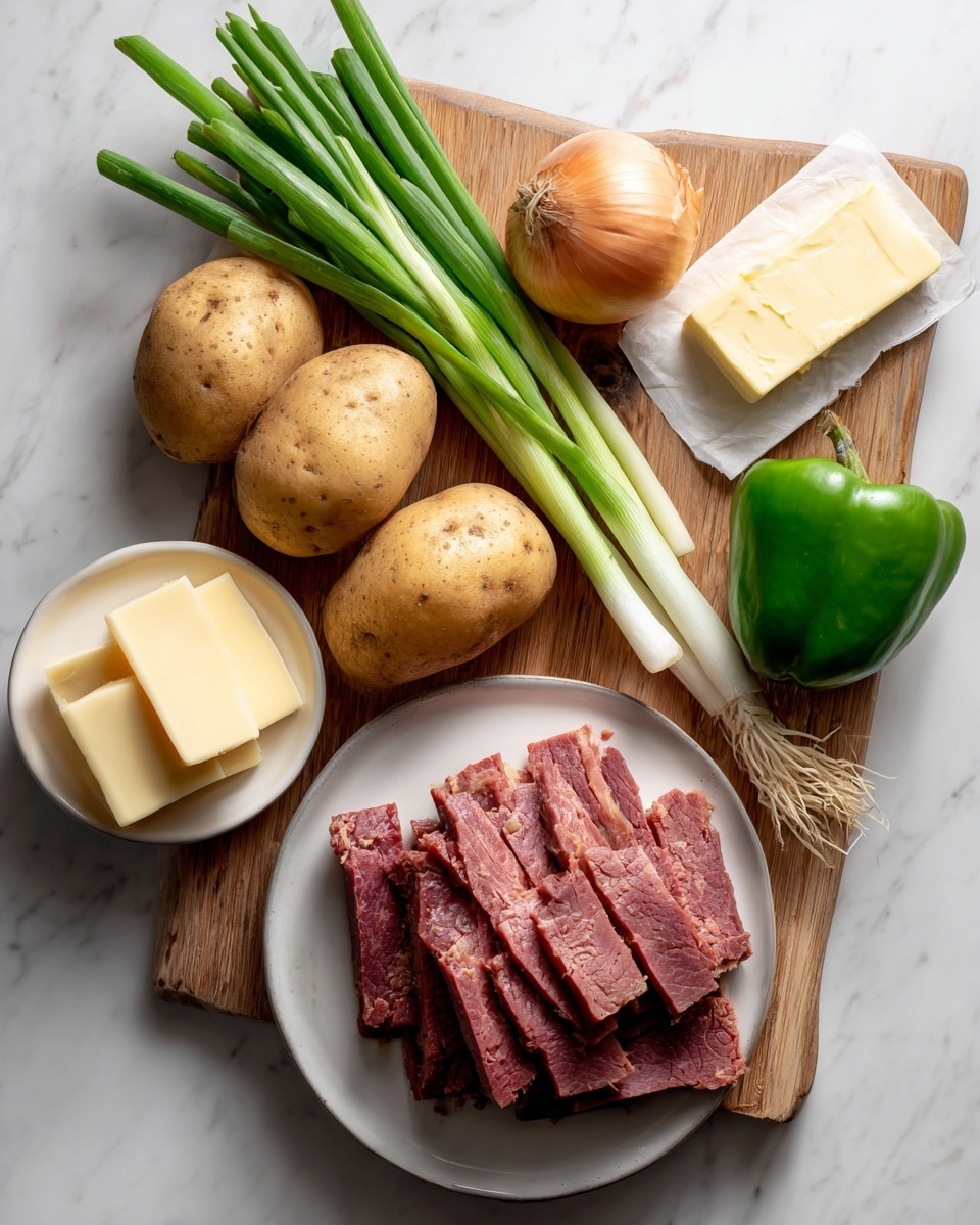 The image shows a wooden chopping board placed on a white marbled surface, with ingredients arranged neatly on top. On the left side, there are two light brown potatoes with a rough texture, and above them, a bunch of green onions with fresh green stalks and white bulbs. Near the top right corner, a whole brown onion sits next to a shiny green bell pepper. At the far right, a block of pale yellow butter wrapped in paper is positioned. In the front right area, a white plate holds several slices of corned beef, showing a mix of dark pink and lighter marbled textures, stacked loosely on the plate. photo taken with an iphone --ar 4:5 --v 7