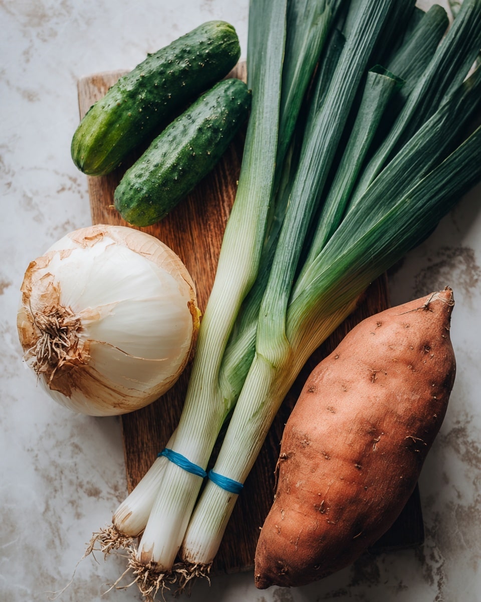 The image shows a bunch of fresh vegetables on a wooden table with a white marbled texture background. There is a large white onion with dry skin on the left side, two small green cucumbers placed near the onion, one orange sweet potato on the upper right, and a bunch of long green leeks tied together with blue bands at two points, placed diagonally across the bottom half of the image. The vegetables have natural, smooth textures and bright colors with soft natural lighting. Photo taken with an iphone --ar 4:5 --v 7