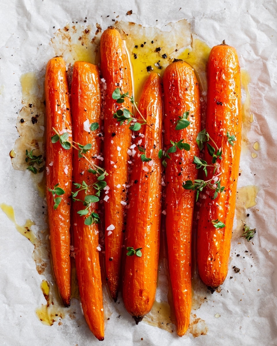 The image shows seven roasted carrots placed closely together on a white marbled surface covered with slightly browned cooking paper. The carrots are bright orange with a glossy texture from oil, sprinkled with coarse salt, black pepper, and small green herb leaves scattered on top and around them. There is some yellow oil spread around the edges of the carrots on the paper, and the paper itself has some browned roasted spots. photo taken with an iphone --ar 4:5 --v 7