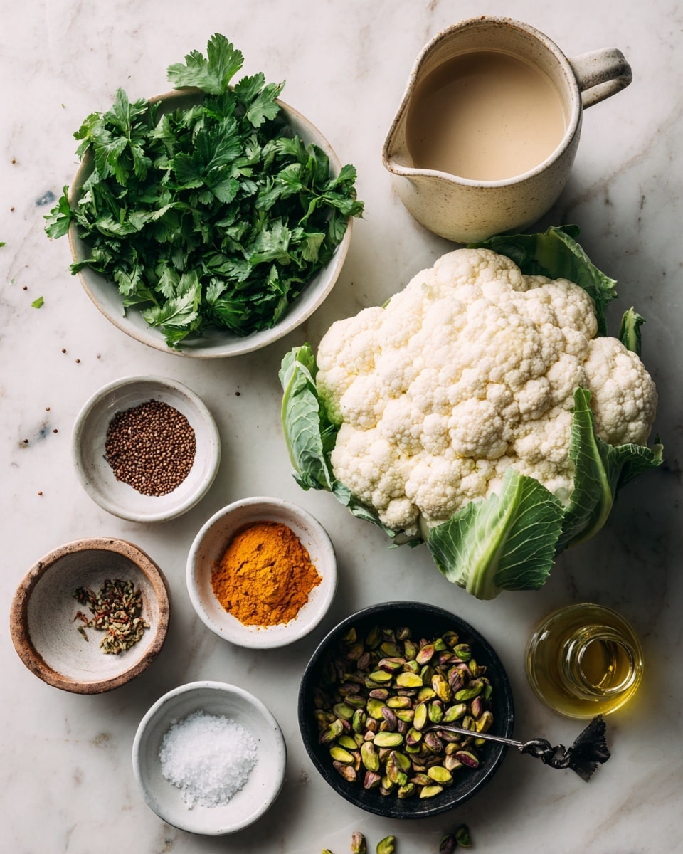 A large white cauliflower with green leaves sits in the center on a white marbled surface. Around it, starting from the left, is a white bowl filled with fresh green herbs like parsley and mint, a small white bowl with brown cumin seeds, a tiny white bowl holding orange turmeric powder, a beige pitcher filled with a creamy light tan sauce, a small white bowl with coarse white salt and a black spoon inside, a black bowl with chopped green pistachios, and a small clear glass jug with golden olive oil. photo taken with an iphone --ar 4:5 --v 7