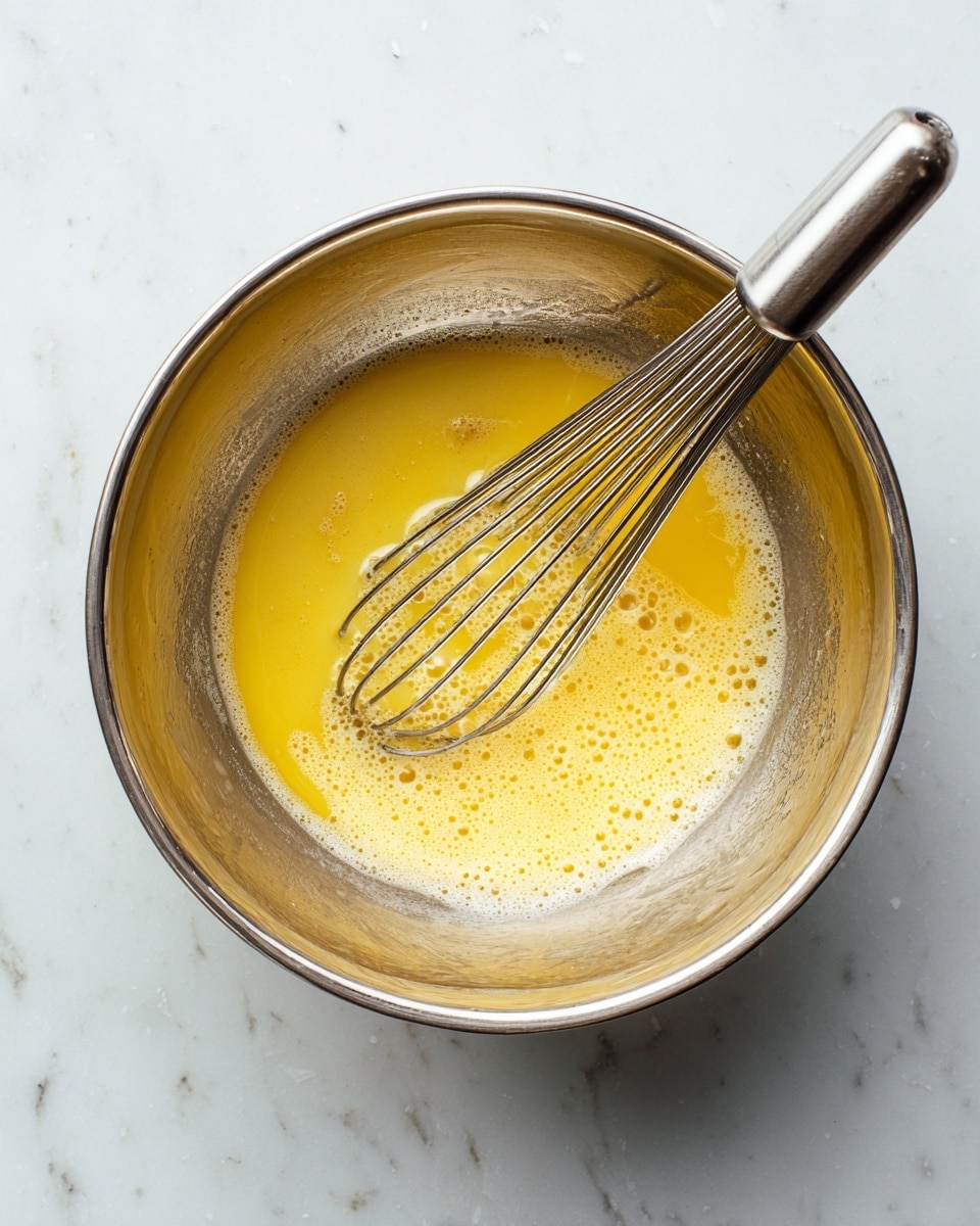 A medium-sized silver metal bowl sits on a white marbled surface with a small amount of yellow liquid inside, likely beaten eggs, showing some bubbles and slight frothiness. A silver whisk rests in the bowl, with the handle stretching out toward the right side of the image. The bowl's inside surface is shiny and reflective, showing smooth texture and light reflections. photo taken with an iphone --ar 4:5 --v 7