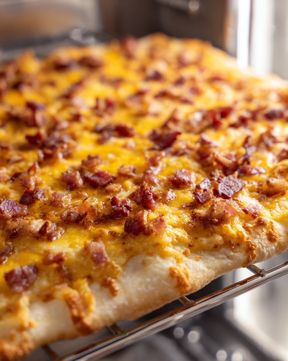 A close-up of a crispy flat pizza inside a small oven rack. The pizza has a thin, light golden brown crust base that looks crunchy. On top, there is a thick layer of melted yellow cheese mixed with small pieces of browned cooked bacon scattered evenly. The cheese has a slightly stringy and bubbly texture with some golden brown spots where it has melted more. The pizza edges show bits of crispy browned crust. Part of the oven interior and control knobs are visible on the right side. The overall setting is bright with a clean look. Photo taken with an iphone --ar 4:5 --v 7