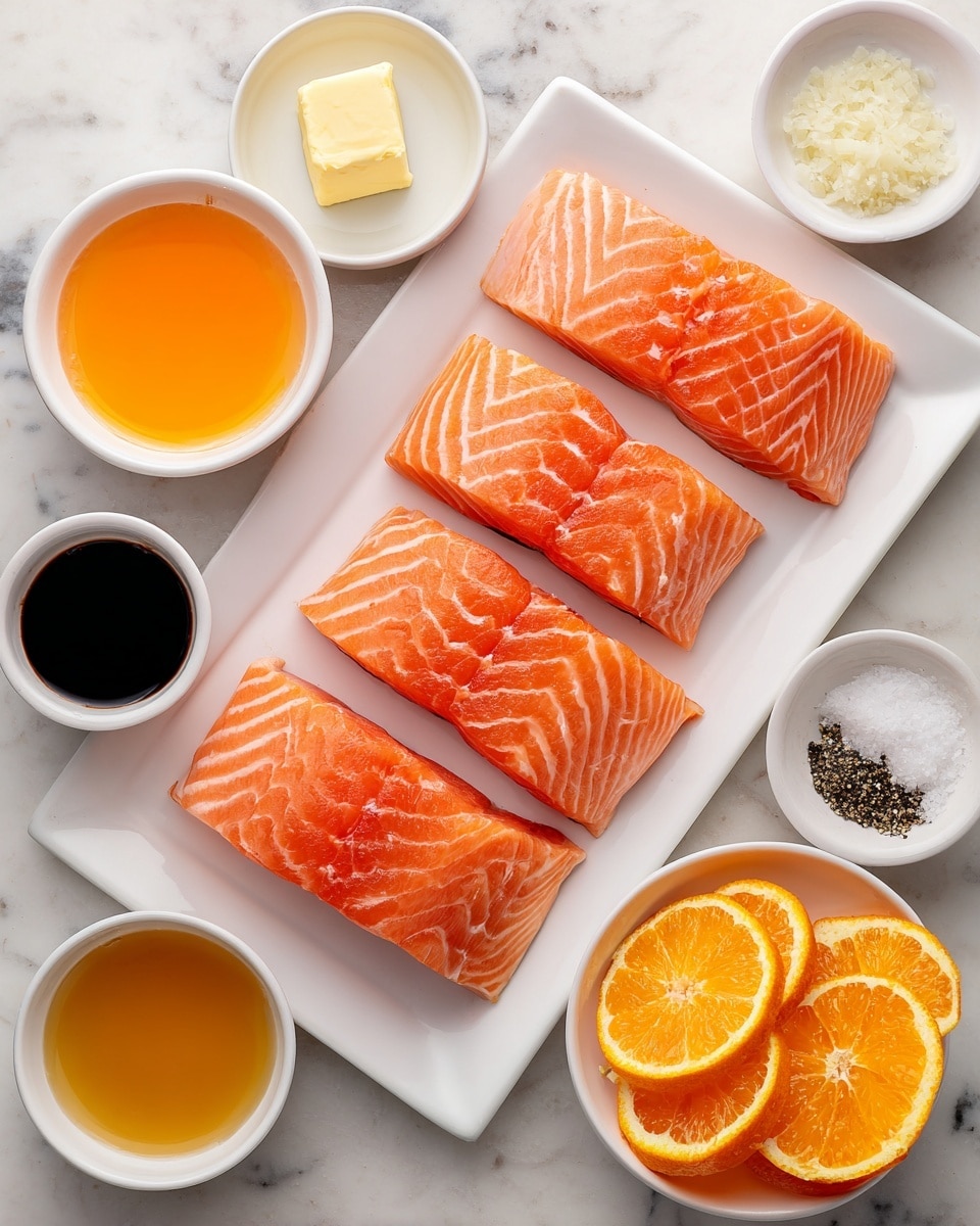 A white rectangular plate holds four raw salmon fillets placed side by side, showing light pink and orange shades with clear muscle lines. Surrounding the plate are small white bowls with ingredients: bright orange liquid in a bowl at top left, a small piece of light yellow butter next to it, minced white garlic and white salt powders in two bowls to the right, dark soy sauce in a bowl below the salt, black pepper granules in a bowl beside soy sauce, a white bowl with bright orange orange wedges at the bottom right, and three bowls filled with golden honey, dark olive oil, and light orange juice arranged to the left of the salmon. The whole scene is on a white marbled textured surface, photo taken with an iphone --ar 4:5 --v 7